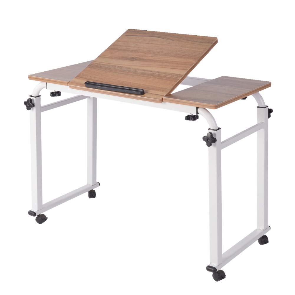 Adjustable Height Overbed Table with Wheels - Tiltable King/Queen Size Bedside Laptop Desk - Mobile Computer Cart for Home & Hospital Use (31.5