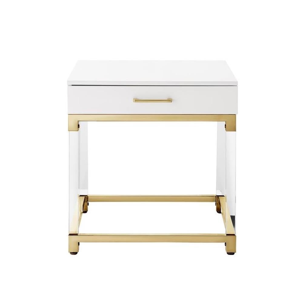 Briar 1-Drawer Metal End Table with Acrylic Legs in White & Gold - Modern Nightstand, Living Room Side Table, Bedroom Accent Table for Small Spaces
