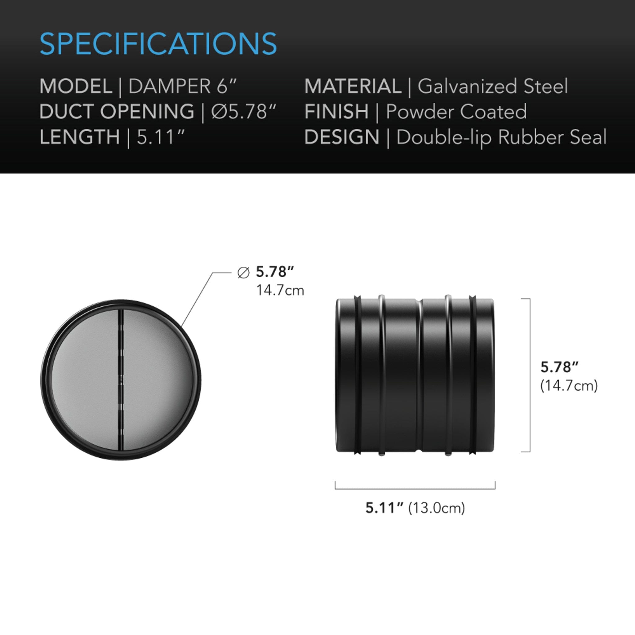 6 Inch Backdraft Damper for HVAC Ducting - 150mm Black Galvanized Steel Insert | Prevent Reverse Airflow in Ventilation Systems
