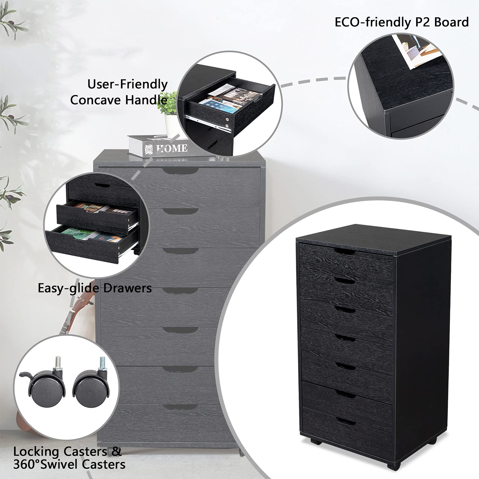 LIYUEUS 7-Drawer Mobile Vertical Wooden Filing Cabinet with Wheels - Letter/A4 Size File Organizer for Office, Home, or School (Black) - Perfect for Document Storage and Organization