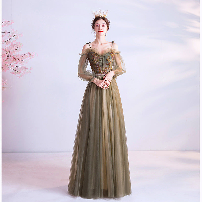 Elegant Long Green Tulle Prom Dress A-Line Evening Gown with Long Sleeves | Formal Dance, Homecoming, Wedding Guest Dress | Size 161