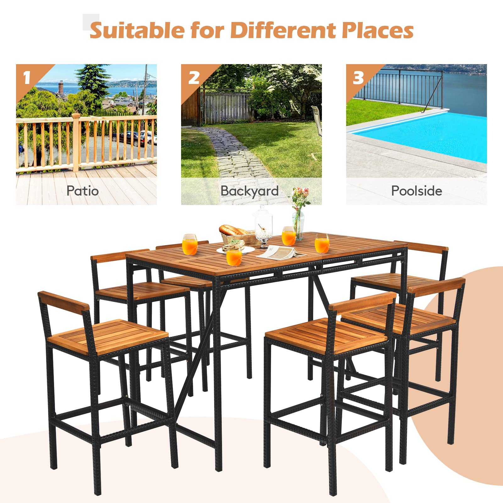 Tangkula 7-Piece Outdoor Dining Set - Acacia Wood Rectangular Table with Umbrella Hole & 6 Rattan Bar Stools - Patio, Backyard, Garden Conversation Set for Outdoor Entertaining and Relaxation