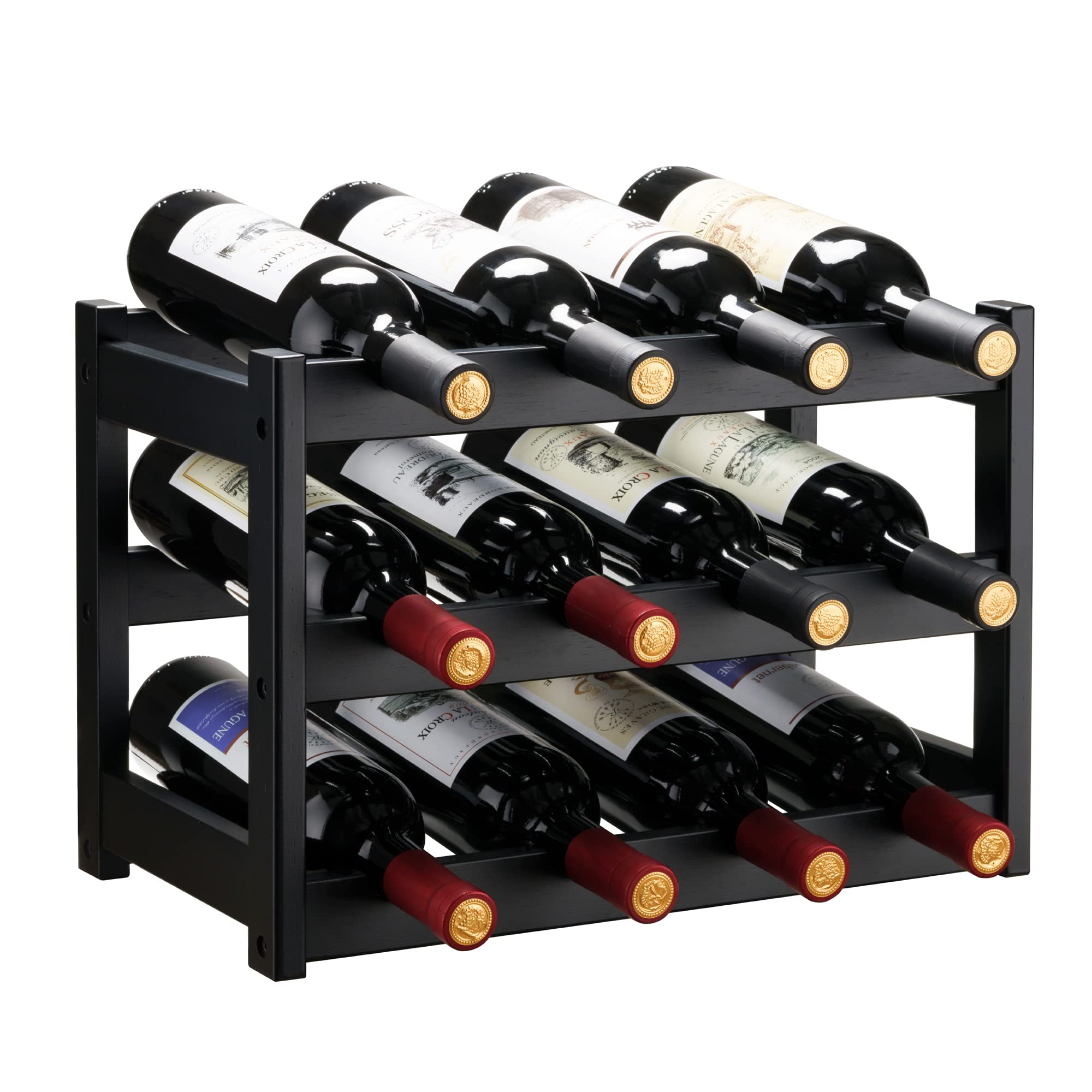 VASMIA 3-Tier Bamboo Wine Rack - Holds 12 Bottles, Sturdy & Durable Wine Storage Cabinet for Kitchen, Pantry, Bar Countertop - Black | Perfect for Home Entertaining, Wine Cellar Organization & Space Saving Storage