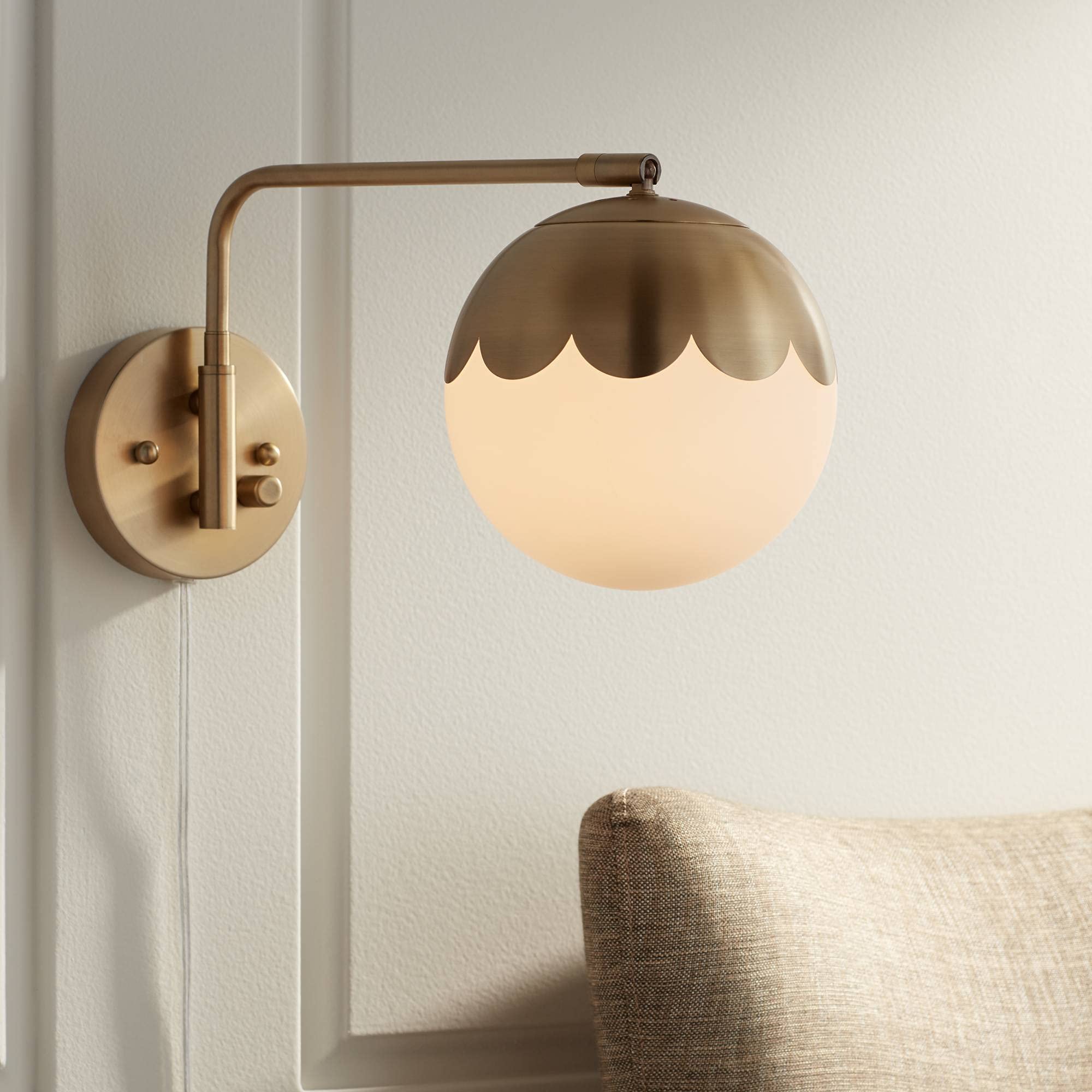 360 Lighting Kelowna Modern Swing Arm Wall Lamps (Set of 2) - Antique Brass Plug-in Wall Sconces with Round Glass Globe Shade - Perfect for Bedroom, Living Room, Hallway & Dining Room Lighting - Ideal for Reading, Bedside & Home Decor
