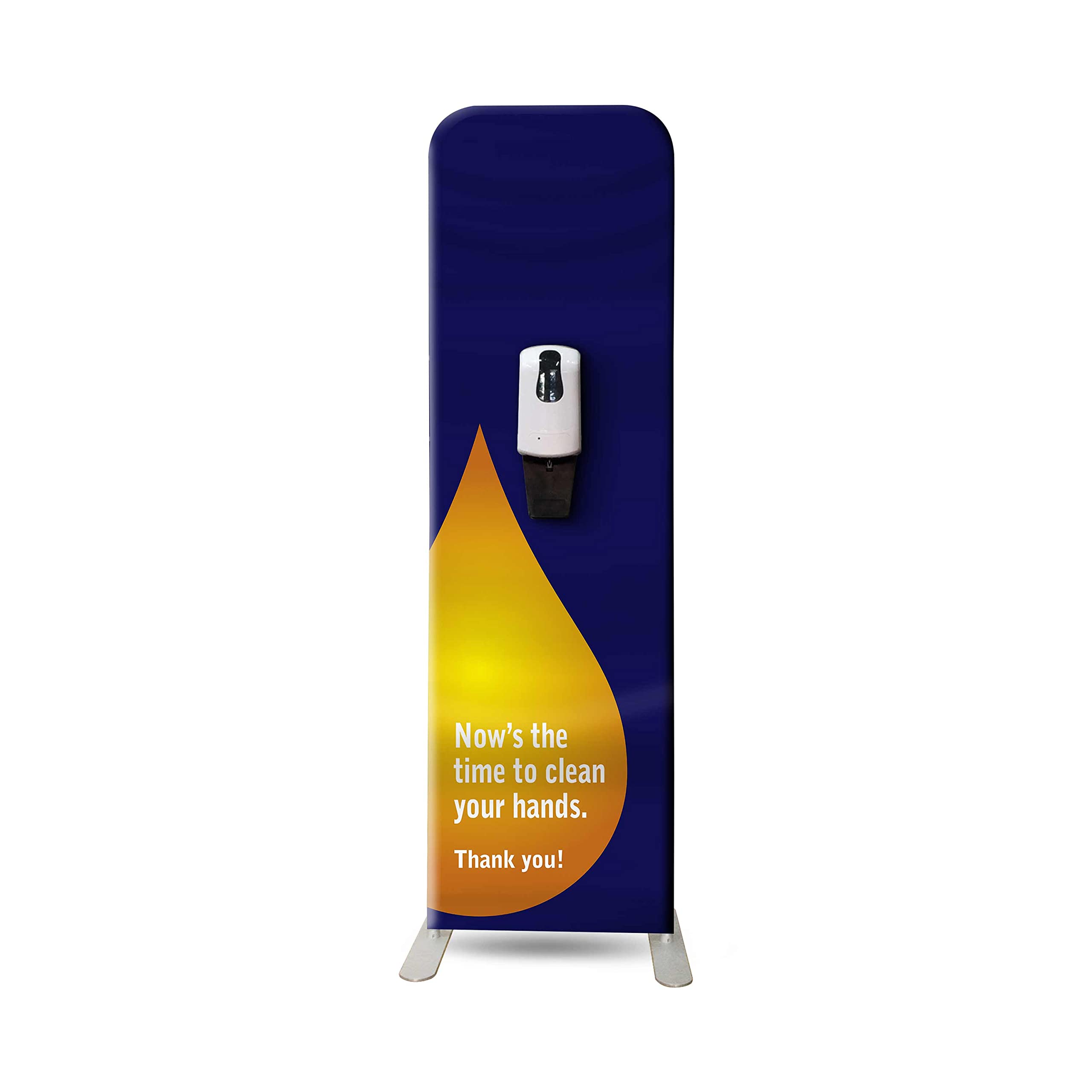 BannerBuzz Automatic Touchless Hand Sanitizer Dispenser Floor Stand Kit with Fabric Banner - 2 x 6.5 Ft Double-Sided Blue Print - Ideal for Hospitals, Schools, Offices & Homes - Perfect for High-Traffic Areas & Hygiene Stations