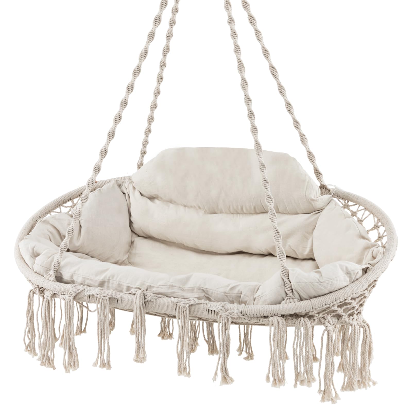 Tangkula 2-Person Boho Macrame Hanging Hammock Chair with Soft Cushions & Tassels - Indoor/Outdoor Cotton Rope Swing for Bedroom, Porch, Balcony - Perfect for Relaxing, Reading & Lounging in Your Backyard or Nursery