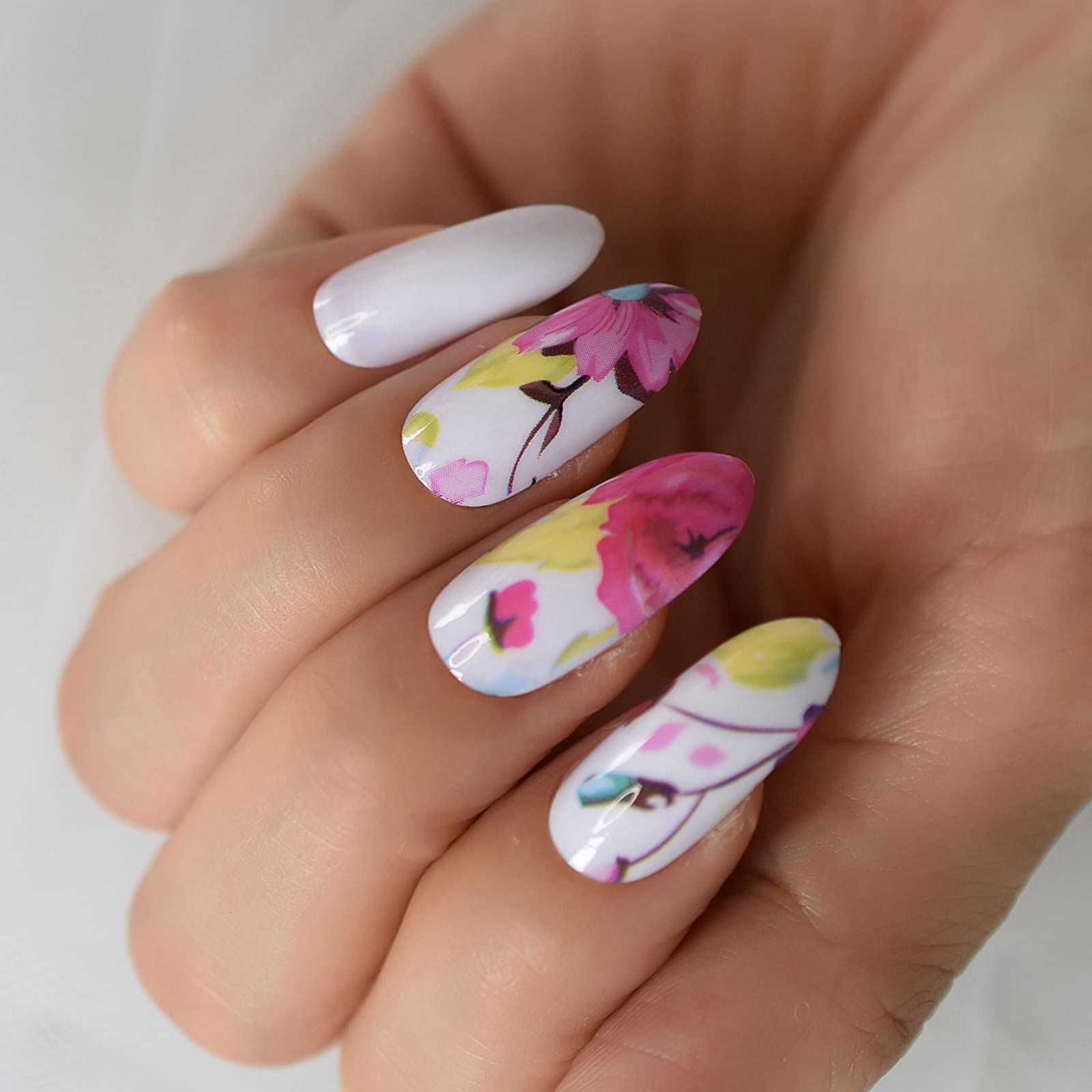 Blossom Flower Press On Fake Nails - Long & Medium Length Oval Artificial Nails with Porcelain White Painting Design | Perfect for Parties, Weddings, and Special Occasions