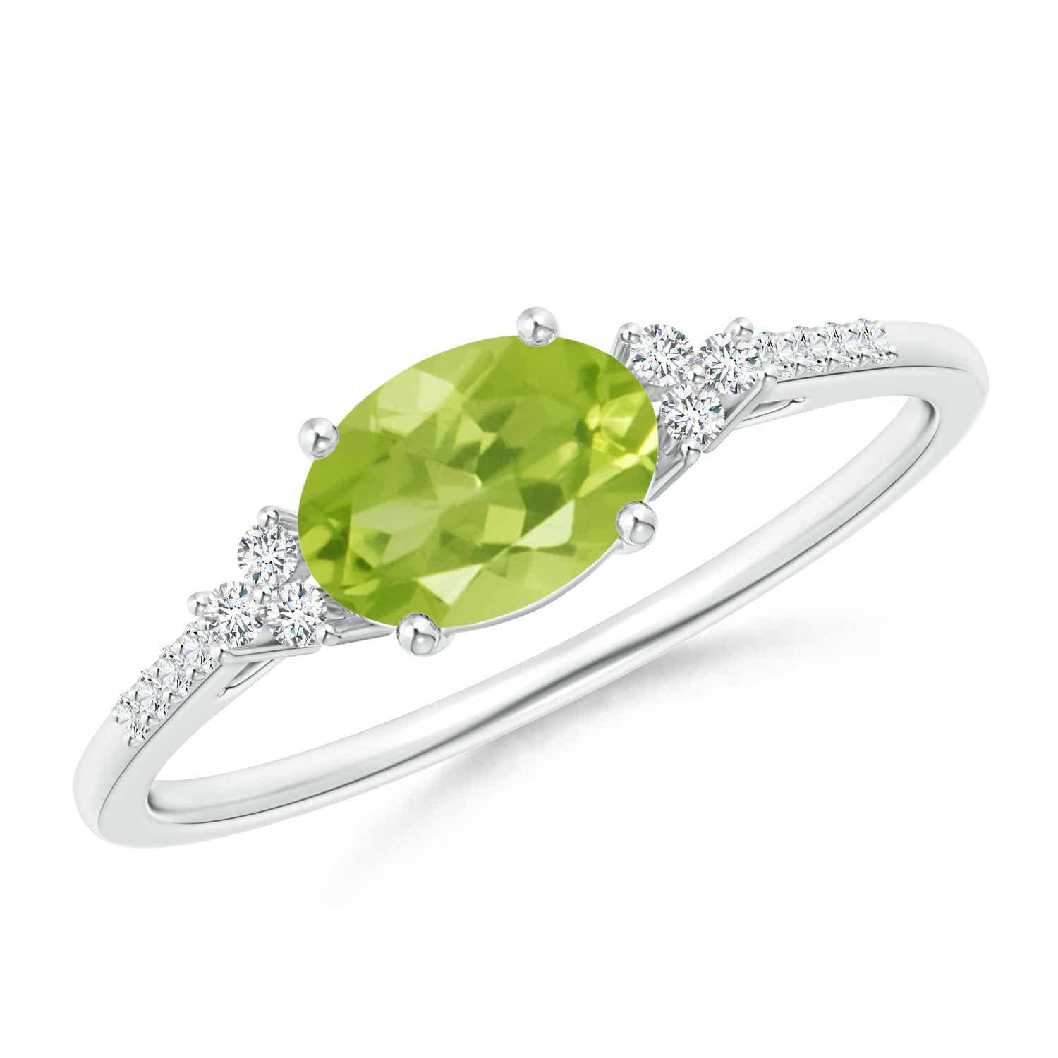 7x5mm Oval Peridot Solitaire Ring with Diamond Accents - Elegant Horizontal Setting for Engagement, Anniversary & Special Occasions