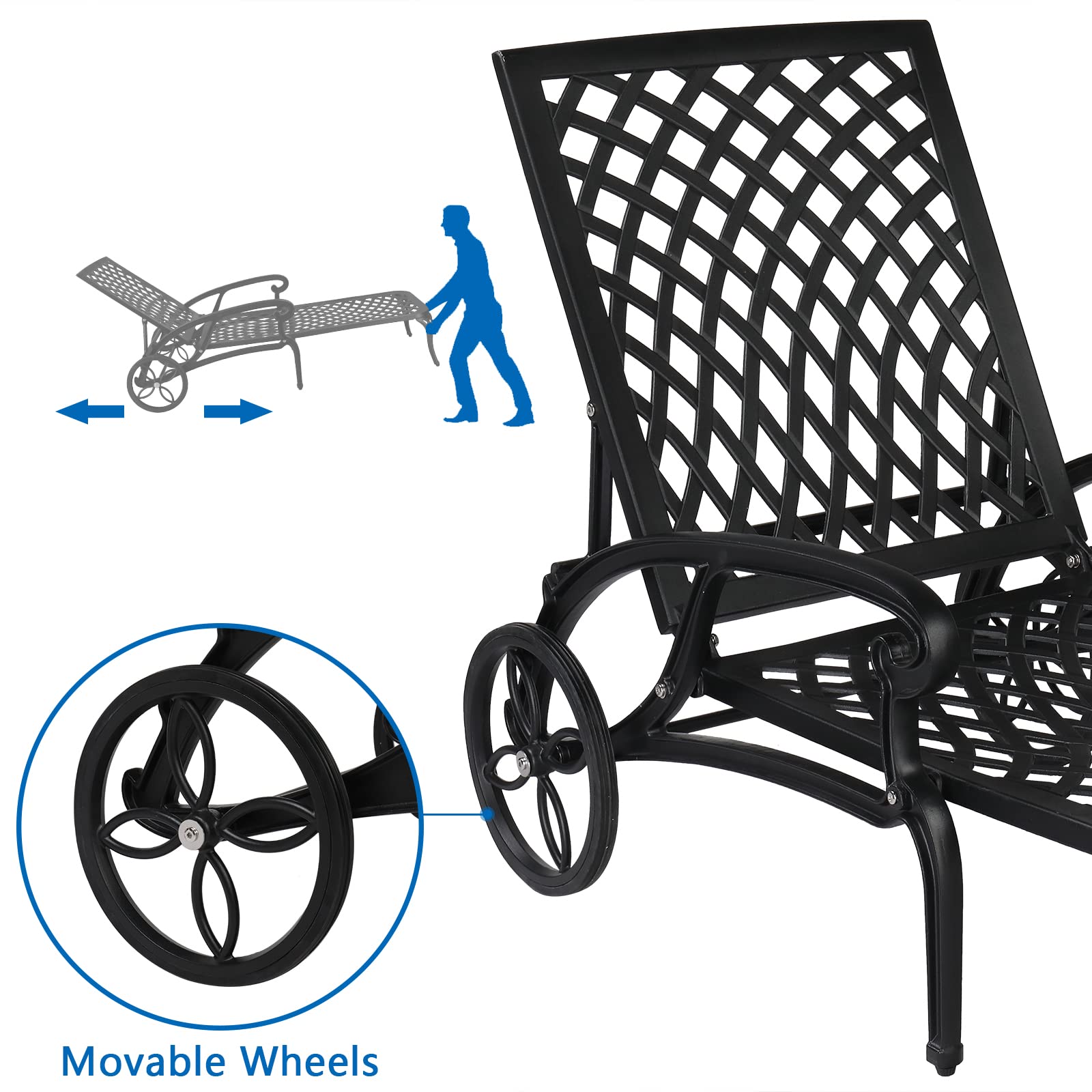 VINGLI Heavy-Duty Cast Aluminum Outdoor Chaise Lounge Chair with Wheels - Adjustable 3-Position Backrest, Weather-Resistant Patio Tanning Chair for Poolside, Beach & Backyard Relaxation (Black, Cushion Not Included)