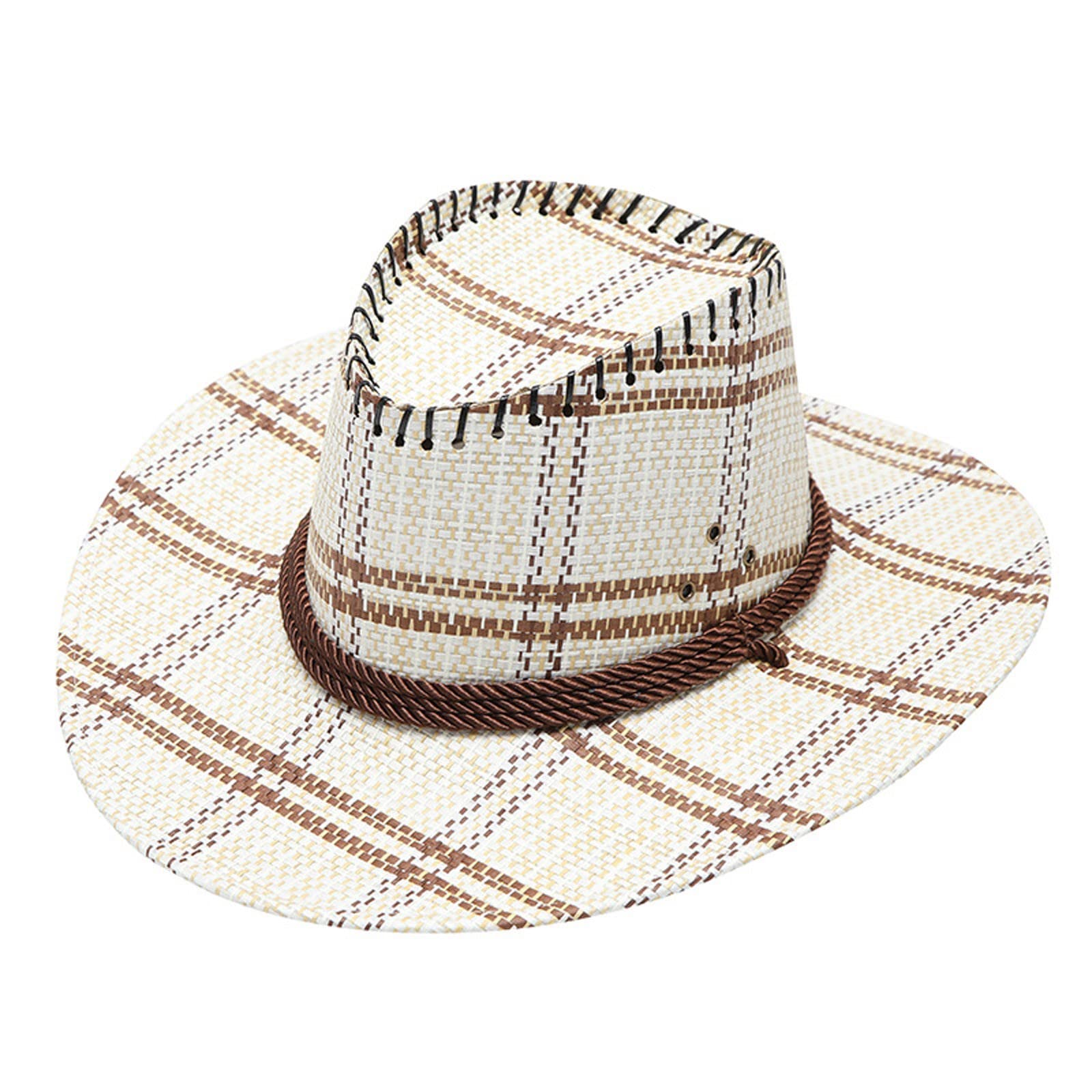 Stylish Black Leather Cowboy Hat for Adults - Wide Brim Summer Sun Hat with Plaid Print - Perfect for Western Fashion, Travel & Outdoor Adventures