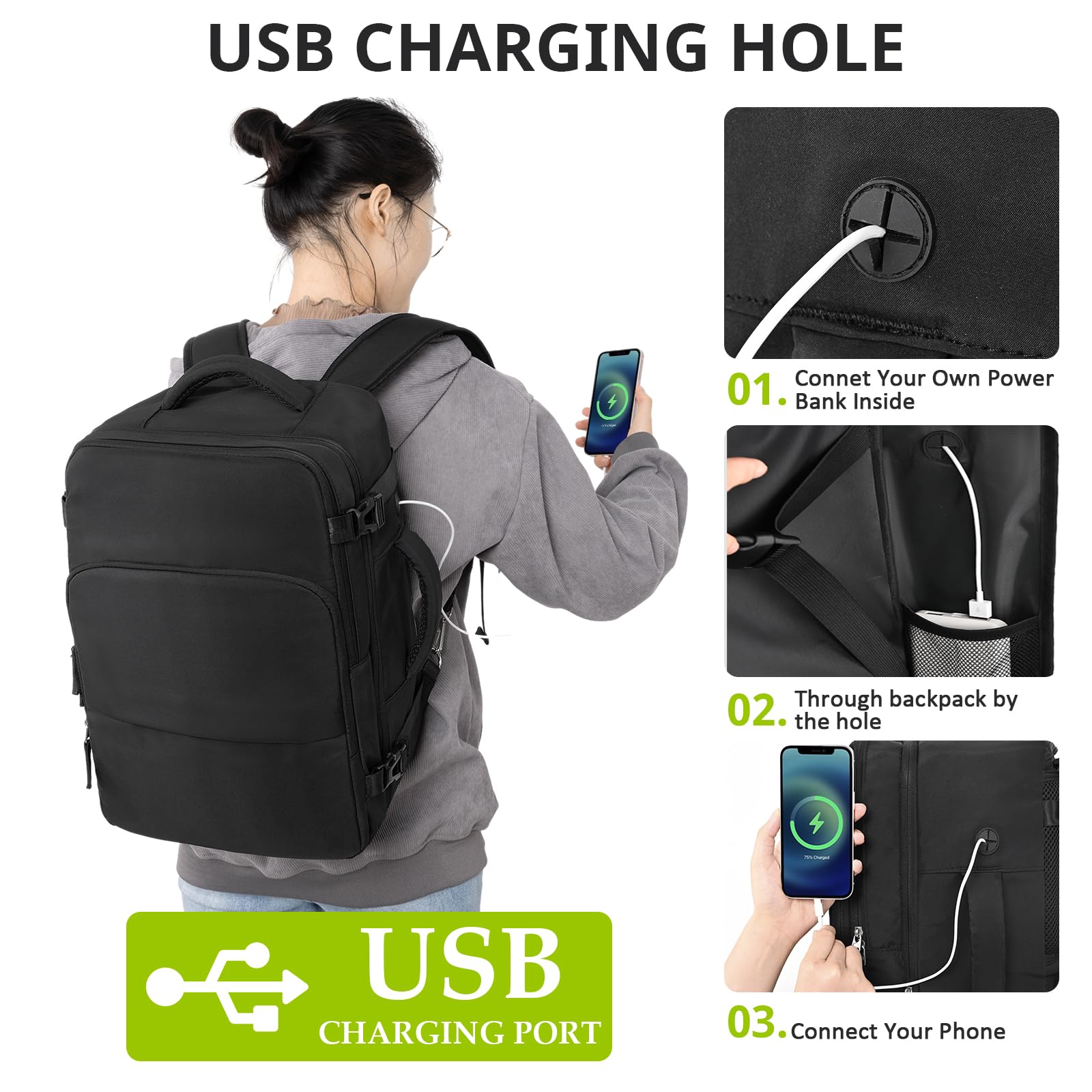 Waterproof Travel Laptop Backpack with USB Charging Port - 15.6 Inch Flight Approved Carry On Backpack for Women & Men - Perfect for Business Travel, Hiking & Weekend Getaways