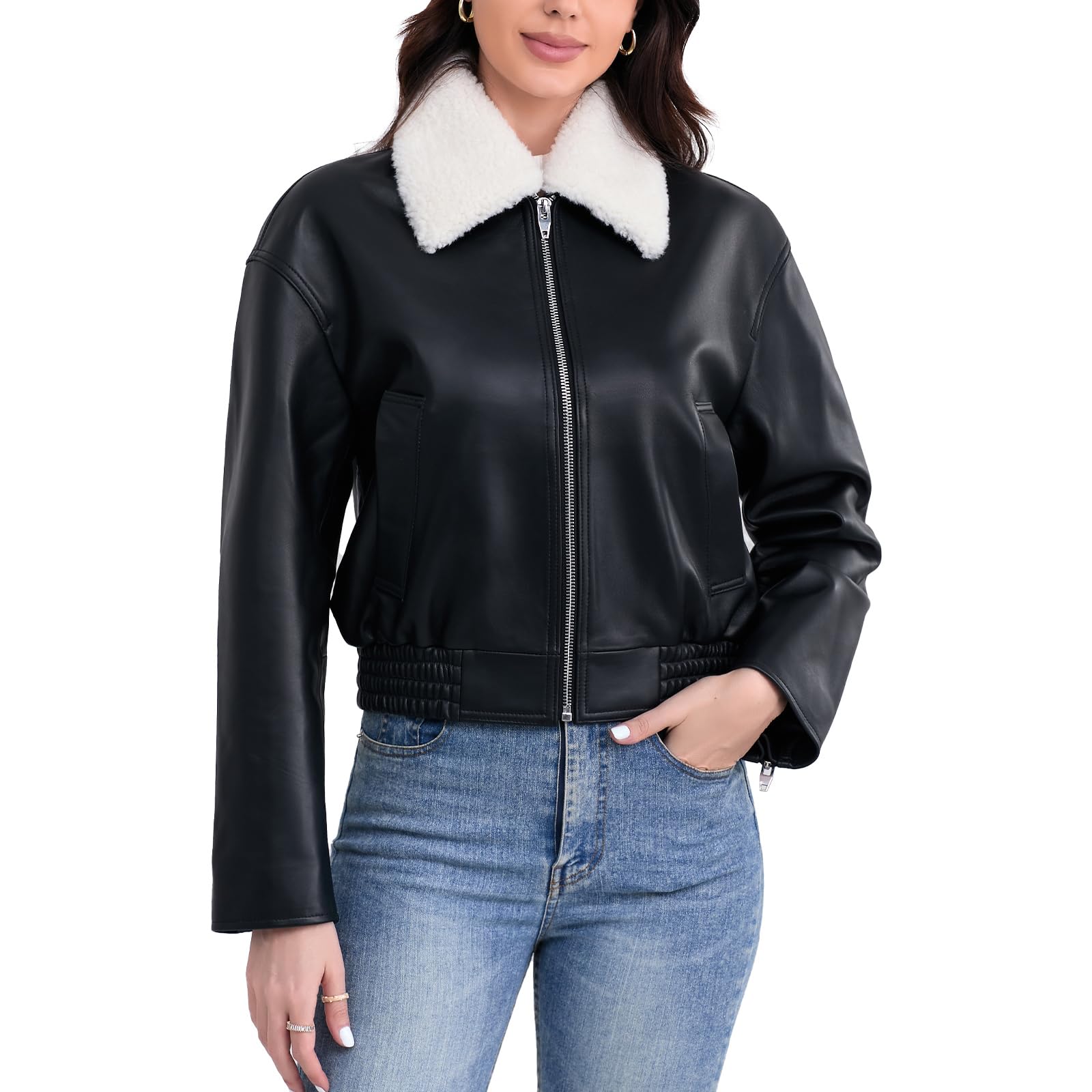 Women's Cropped Lambskin Leather Bomber Jacket with Removable Sherpa Collar - Zip Front, Elastic Hem - Stylish Outerwear for Casual Wear & Night Out