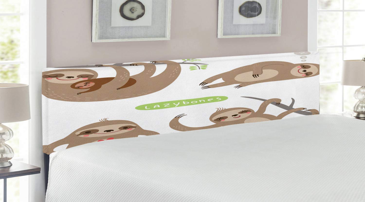 Ambesonne Sloth Headboard - King Size Upholstered Decorative Metal Bed Frame with Memory Foam | Funny Lazy Sloths Hugging Family Design in Pale Brown Grey Green | Perfect for Kids' Bedroom, Nursery or Cozy Home Decor