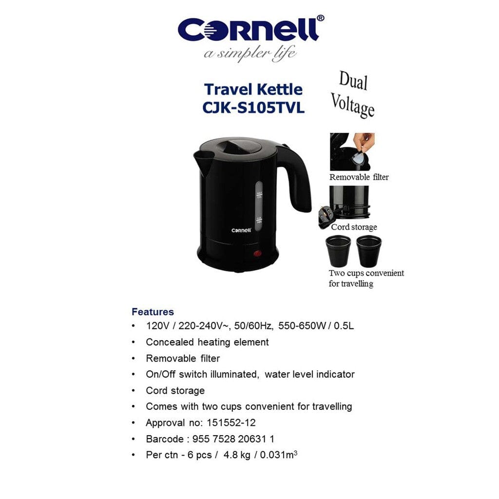 Cornell 0.5L Portable Travel Electric Kettle with 2 Cups - Compact Mini Hot Water Boiler for Tea, Coffee & Instant Meals - Perfect for Camping, Hotels, Dorms & Road Trips