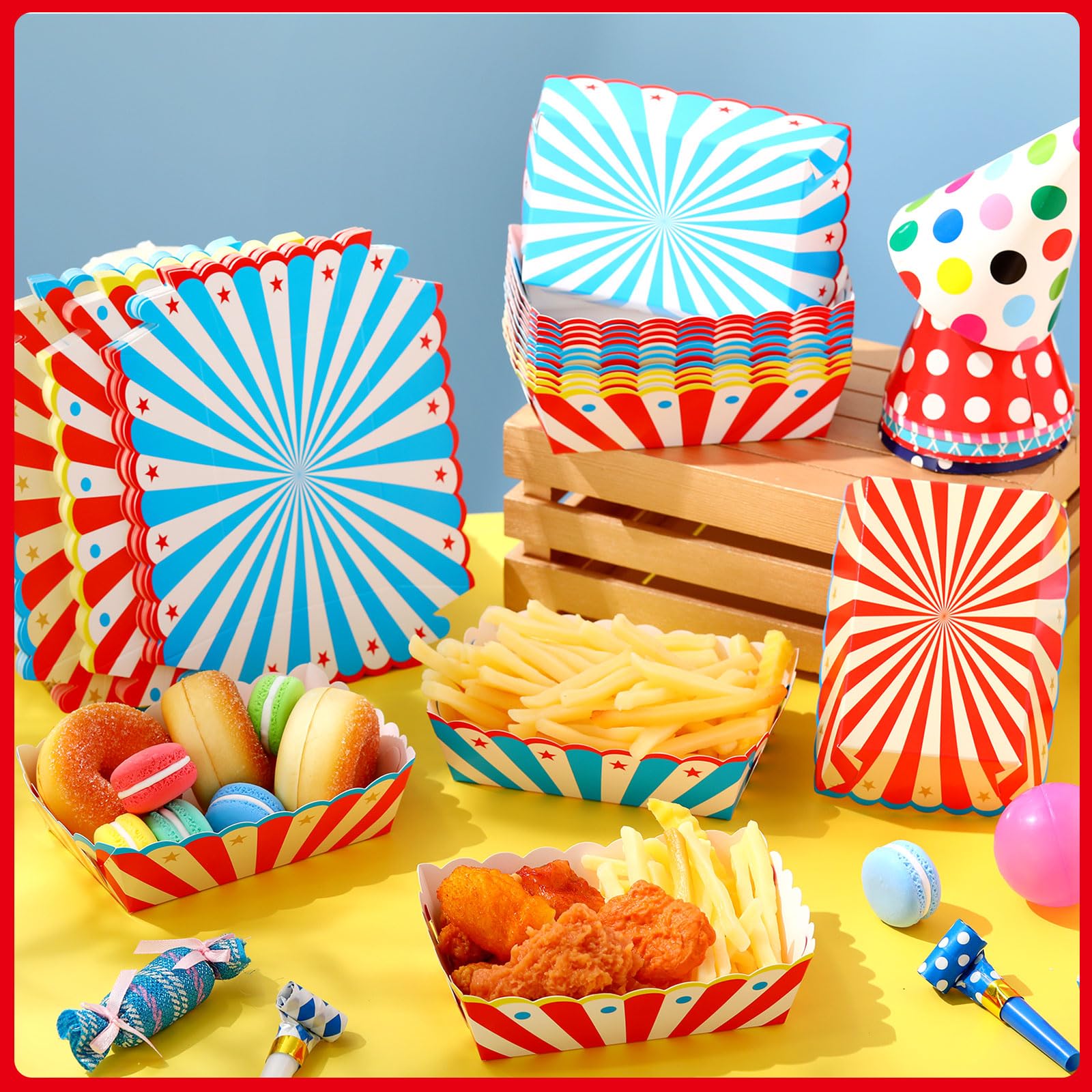 Honeydak 60 Pcs Disposable Carnival Food Trays - Eco-Friendly Paper Boats & Hot Dog Boxes for Circus, Birthday Party, BBQ, Picnic, and Outdoor Events - Bulk Party Supplies & Decorations