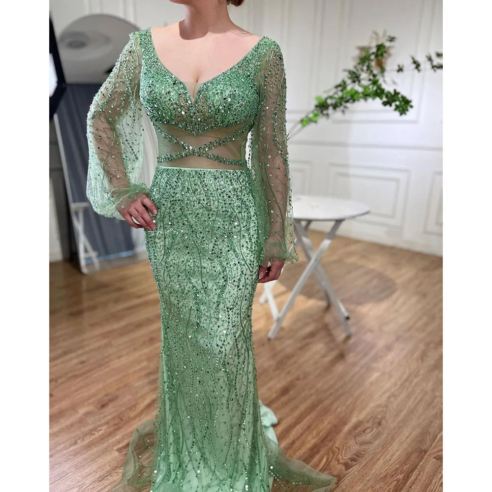 Elegant Beaded V-Neck Mermaid Evening Gown for Women - Sexy Mint Green Arabic Luxury Party Dress - Perfect for Prom, Gala, and Formal Events 2025 LA71784