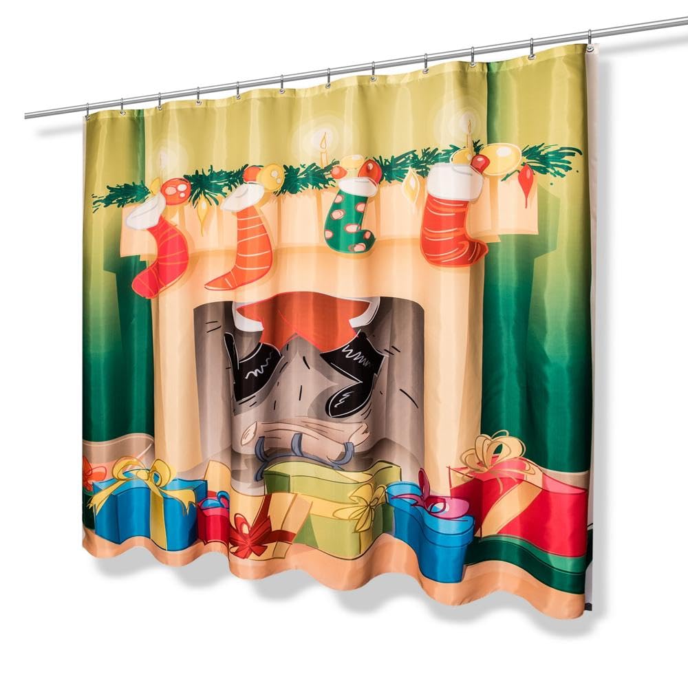 Festive Fireplace Fabric Shower Curtain - Holiday Bathroom Decor for Christmas, Winter & Cozy Home Decor - Perfect for Seasonal Bathroom Makeovers