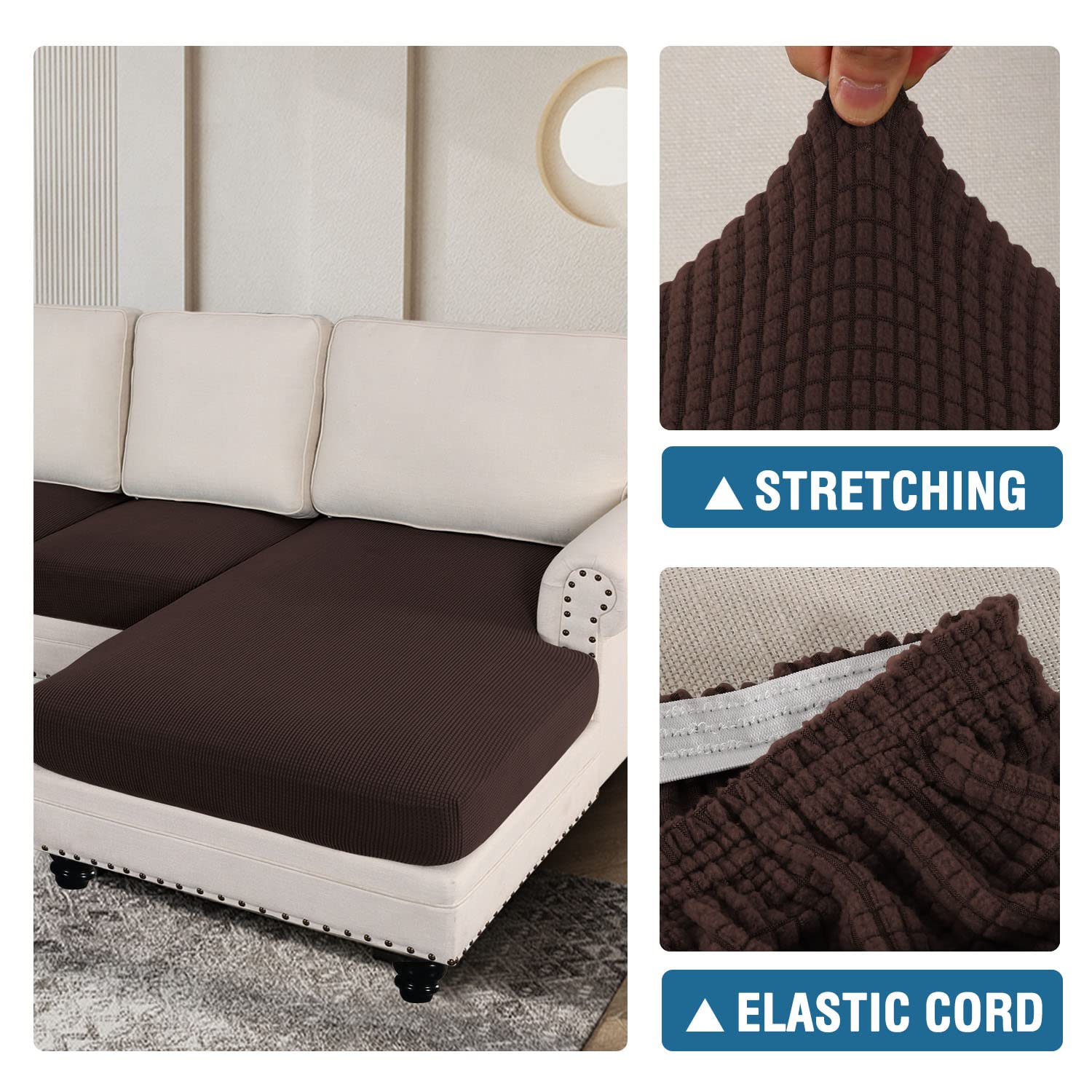 H.VERSAILTEX 4-Piece L-Shaped Sectional Sofa Covers - Reversible Left/Right Chaise Lounge Covers with 3 Seat Cushion Protectors (Chocolate Brown) for Living Room, Family Room & Home Theater Comfort