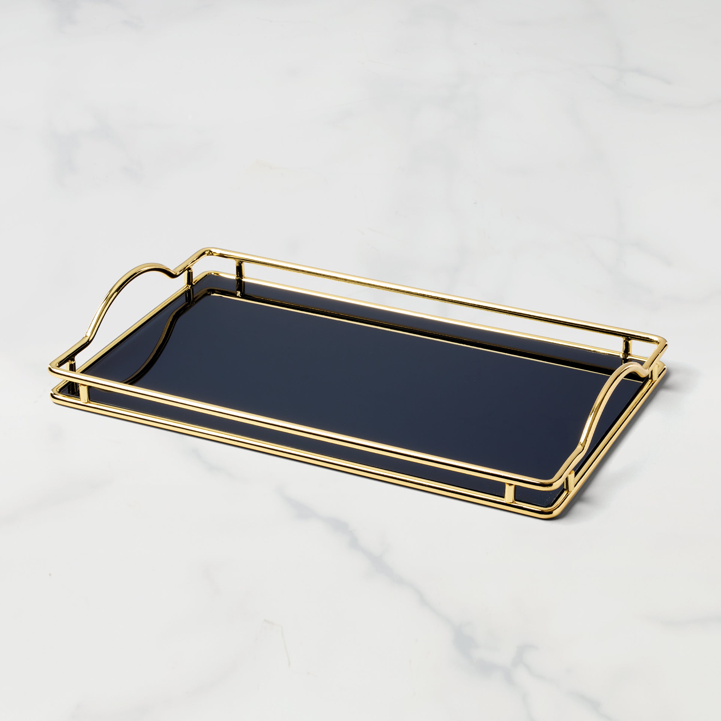 Navy Blue Glass Vanity Tray - Elegant Jewelry Organizer for Dresser & Bathroom | Perfect for Rings, Earrings & Cosmetics