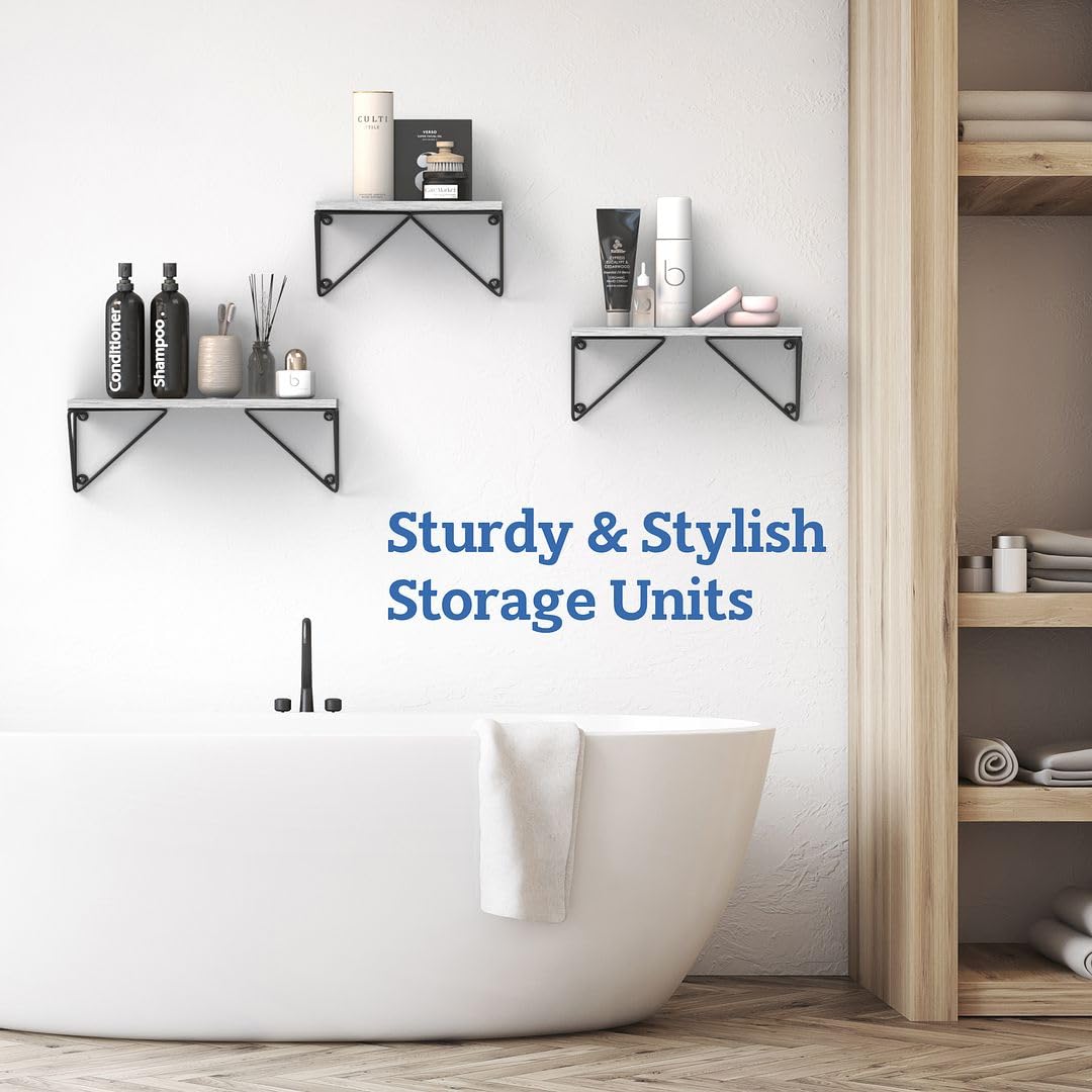 Floating Wall Shelves Set of 3 - Modern Grey Wood Wall Mounted Shelves with Prism Brackets for Books, Decor & Storage | Perfect for Living Room, Bedroom, Kitchen & Bathroom Organization