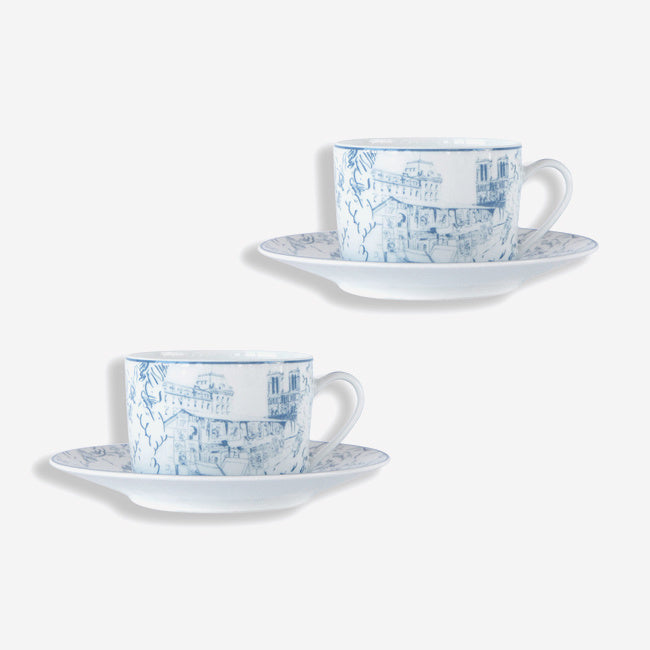 Bernardaud Tout Paris Teacup and Saucer Set of 2 - Elegant White & Blue Porcelain Tea Cups for Afternoon Tea and Gifts