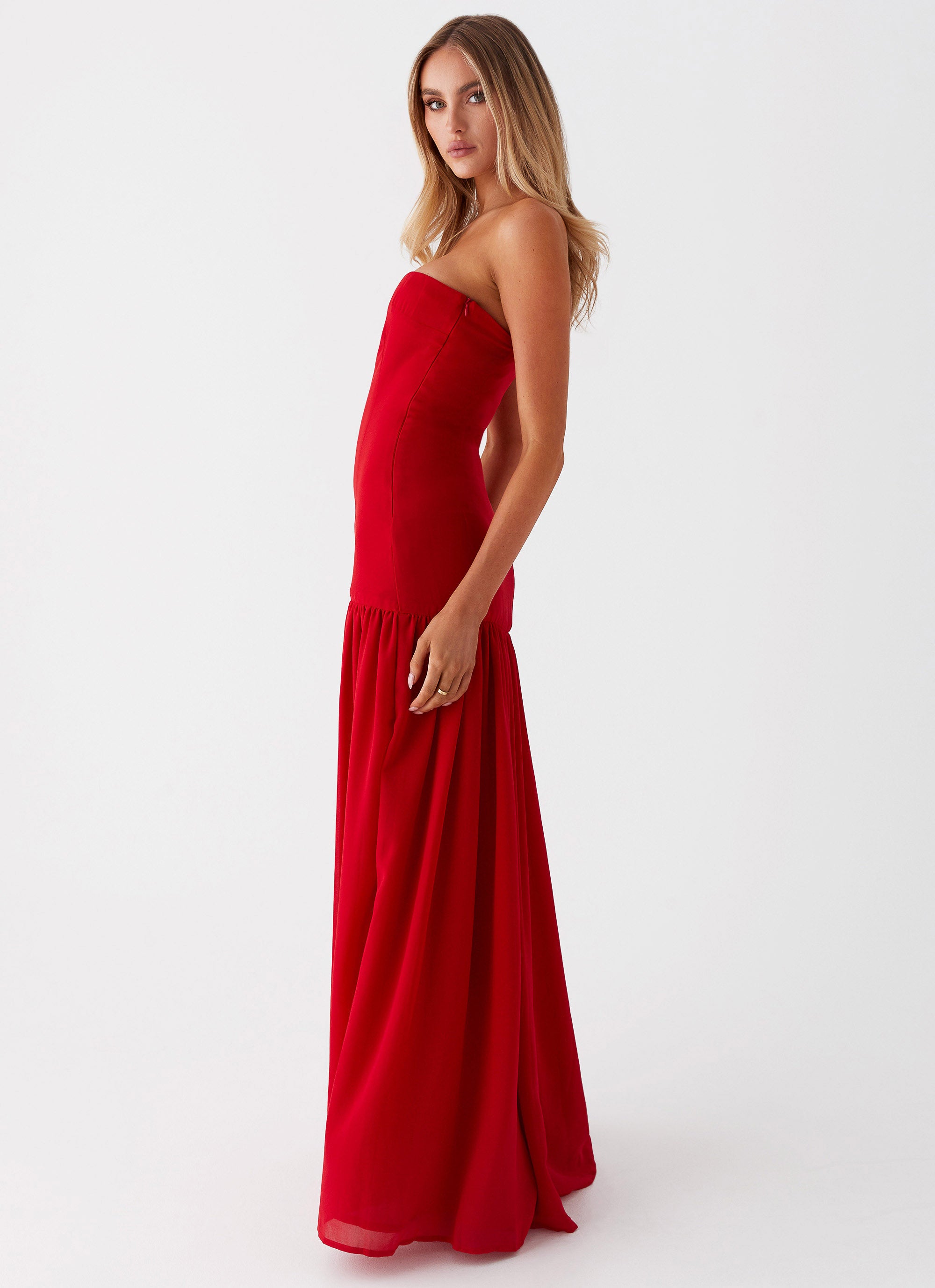 Eden Strapless Maxi Dress - Flowy Red Long Formal Gown for Women | Perfect for Weddings, Prom, Evening Parties & Special Occasions