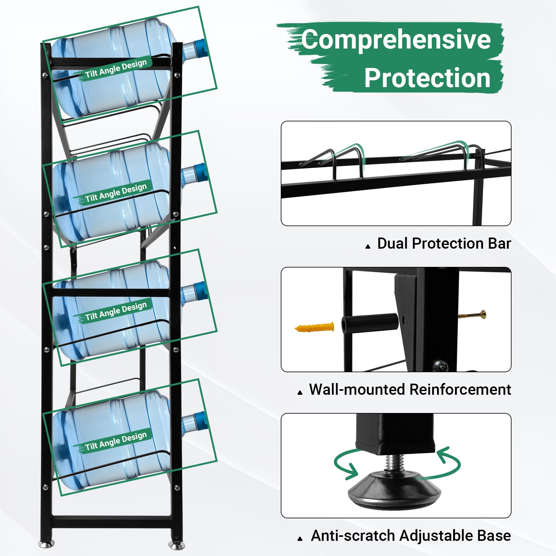 12-Tray 5 Gallon Water Jug Holder Heavy Duty Wall Mount Rack - 4-Tier Powder Coated Steel Water Bottle Storage Organizer (Black, 13