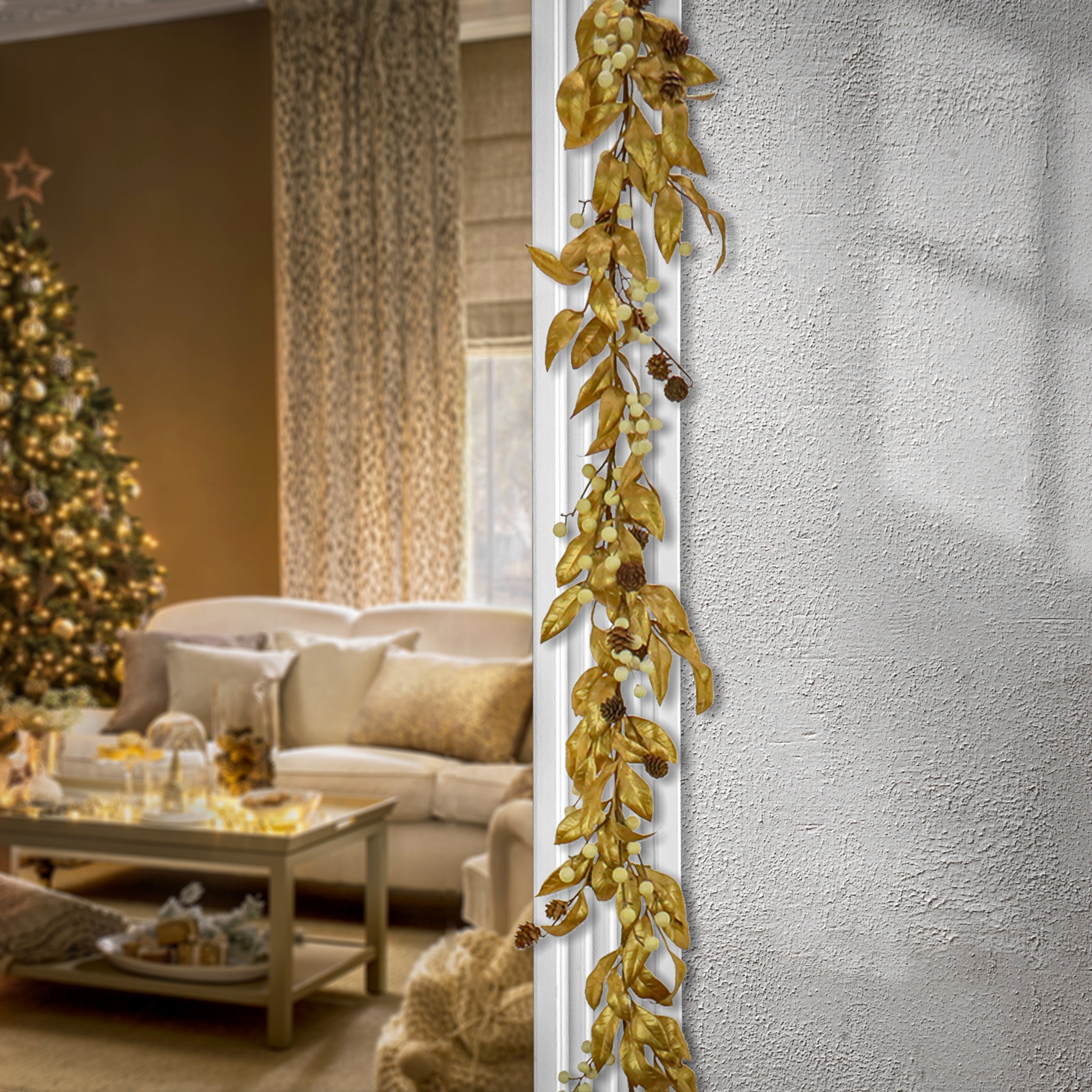 9 ft. HGTV Home Collection Metallic Gold Laurel Garland - Elegant Holiday & Wedding Decor for Mantels, Staircases, and Table Centerpieces