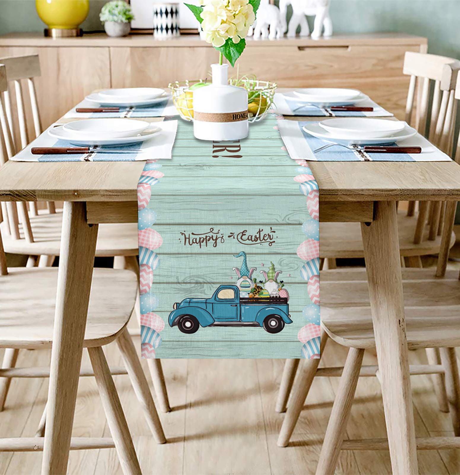 Easter Linen Burlap Table Runner 14x72 Inches - Farmhouse Kitchen Table Decor with Cute Gnome & Easter Eggs Design - Perfect for Dining Table, Dresser, Cabinet, Buffet & Holiday Party Decorations