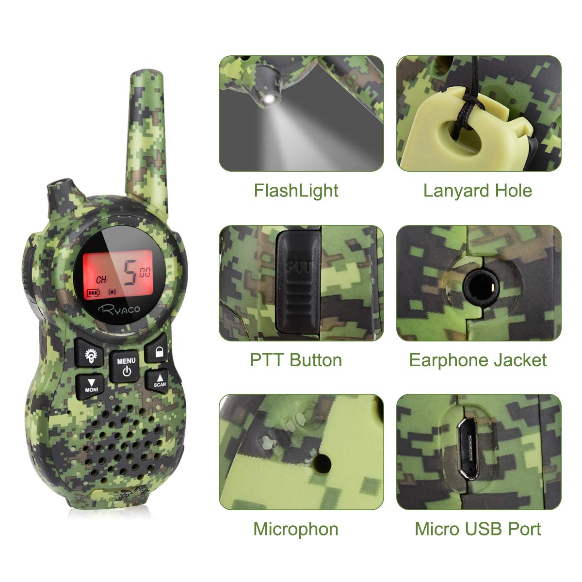 Ryaco Kids Walkie Talkie Set of 2 - 8-Channel Two-Way Radios with 3km Range & LED Flashlight for Hiking, Camping, Outdoor Adventures - Perfect for Children's Playtime, Backyard Games, and Family Road Trips