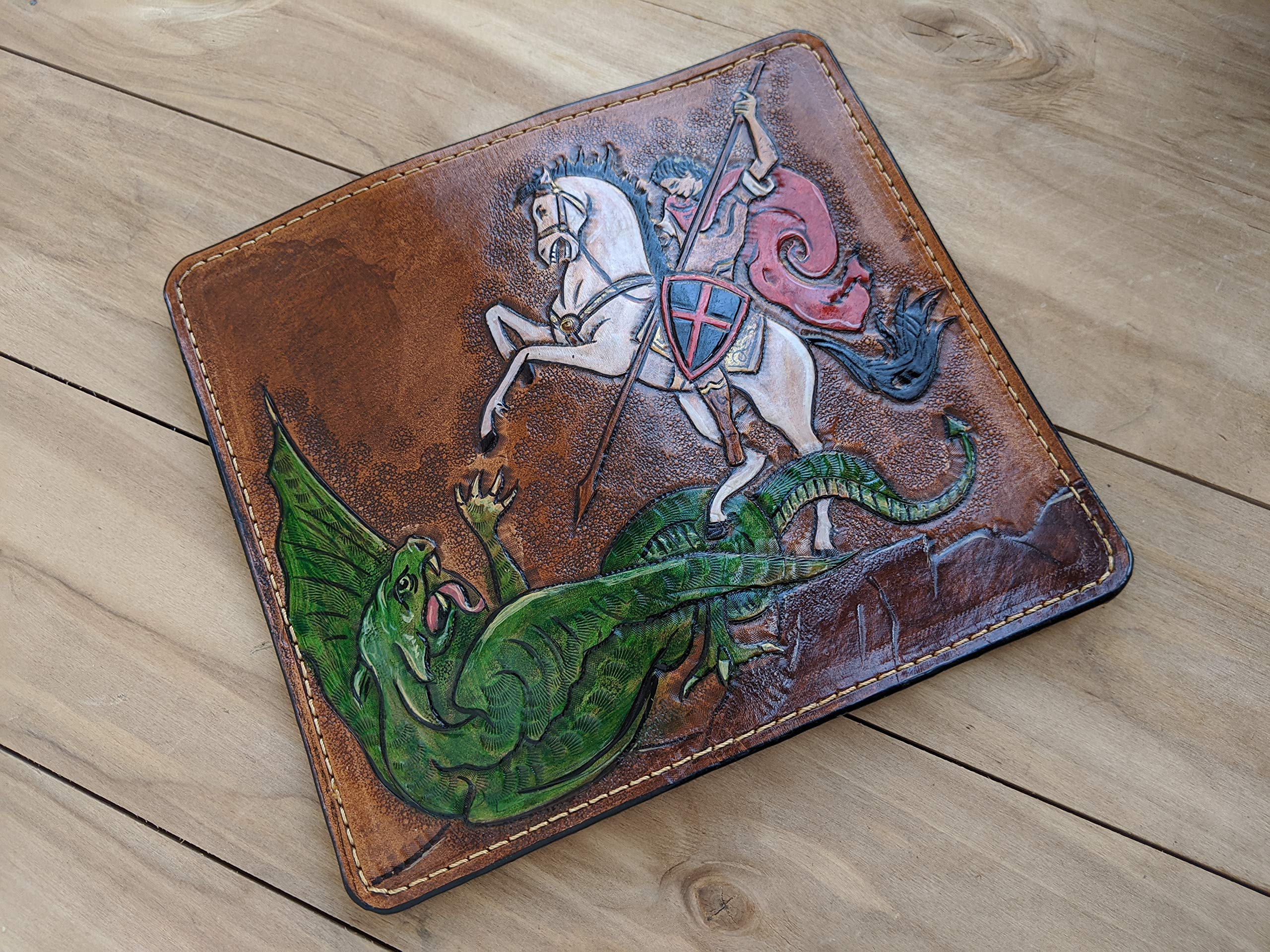 Handcrafted 3D Genuine Leather Wallet for Men - Long Biker Travel Wallet with St. George & Dragon Design - Custom Personalized Leather Carving Clutch Wallet - Perfect for Daily Use, Gifts & Motorcycle Riders