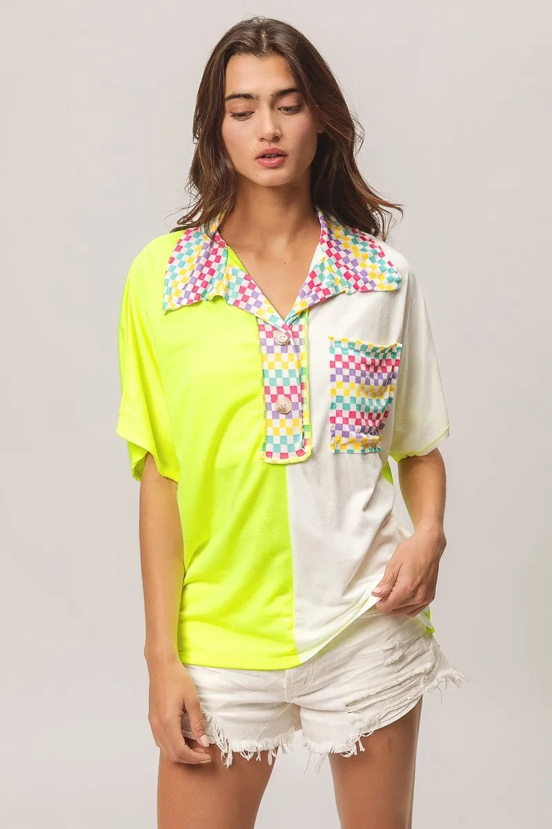 BiBi Color Block Knit Sweater with Multi Checker Contrast Design | Women's Fashion Tops for Casual Wear & Office Outfits