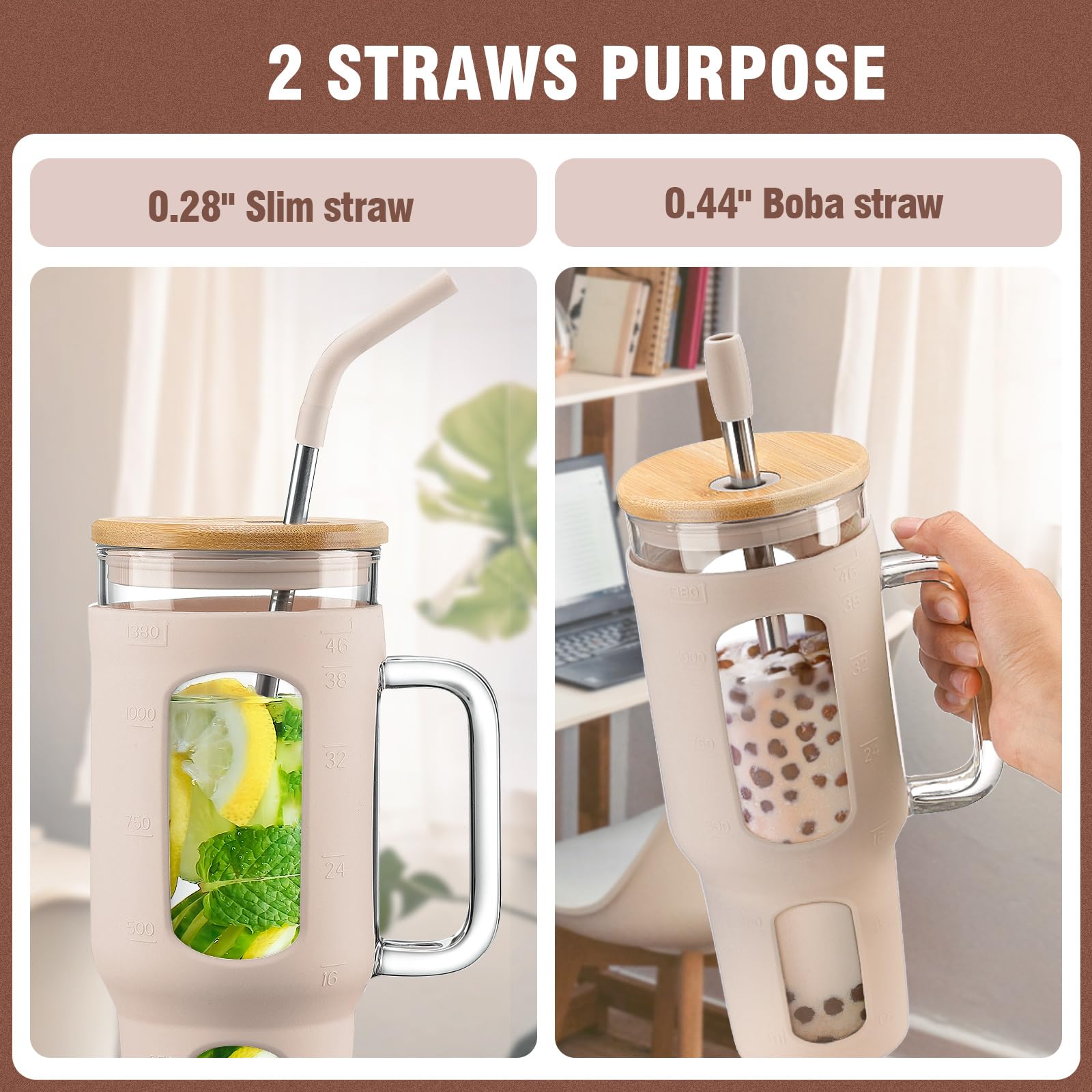 46 oz Glass Tumbler with Lid & Straw - BPA Free Iced Coffee Cup with Handle & Silicone Sleeve - Reusable Water Bottle for Home, Office, Gym - Includes Pearl Straw & Drinking Straw (Amber)