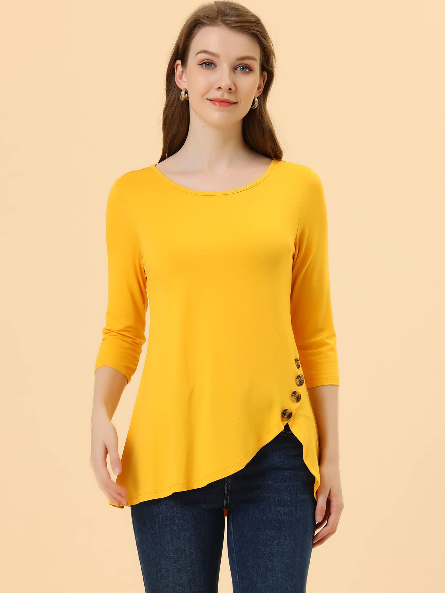Allegra K Women's Loose Asymmetrical Hem Tunic T-Shirt - 3/4 Sleeve Round Neck Casual Top for Spring 2025 | Perfect for Layering, Office Wear & Everyday Outfits