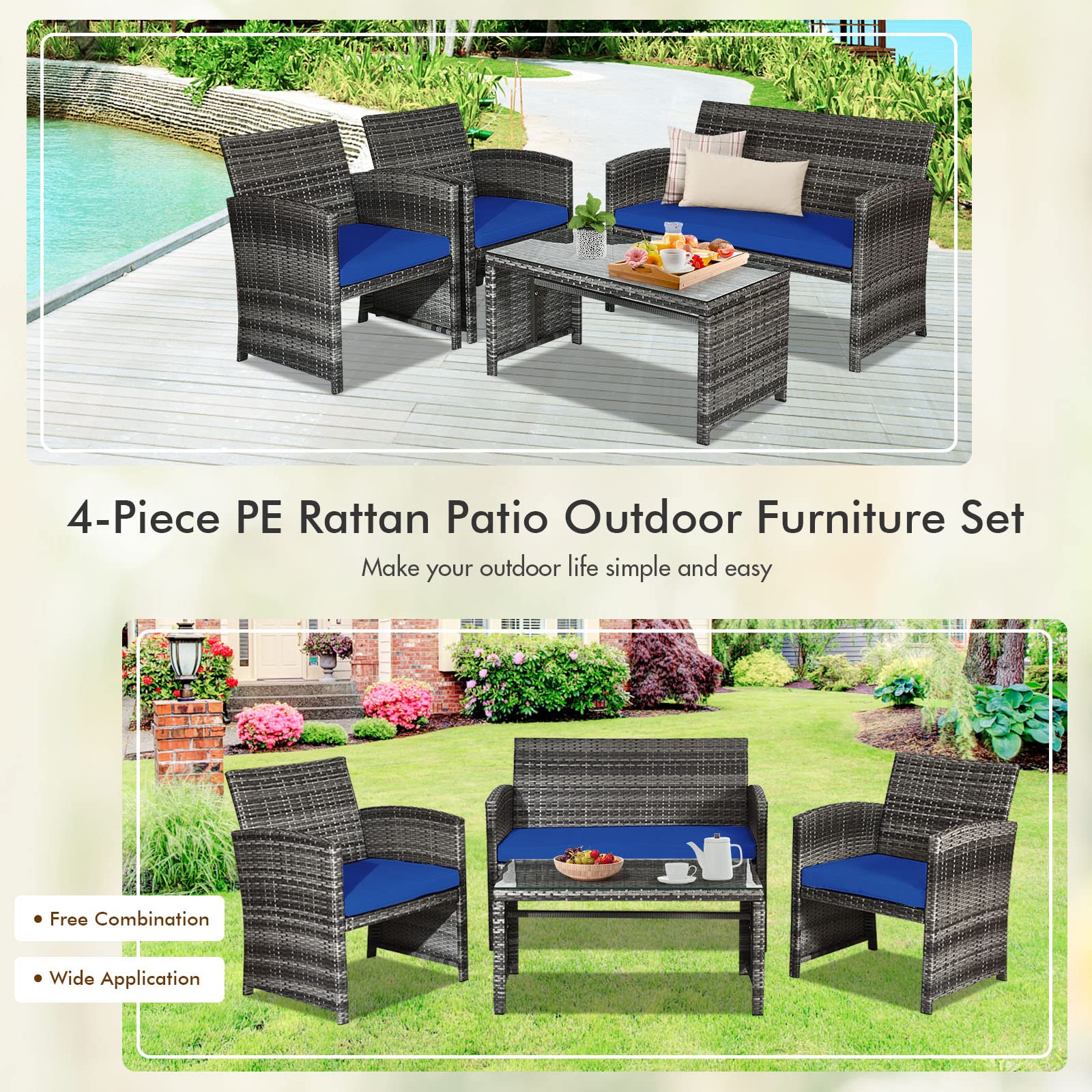 Goplus 4-Piece Outdoor Rattan Patio Furniture Set with Weather-Resistant Cushions & Tempered Glass Tabletop - Wicker Conversation Sofa for Backyard, Garden, Poolside & Lawn (Blue) | Perfect for Relaxing, Entertaining & Outdoor Dining