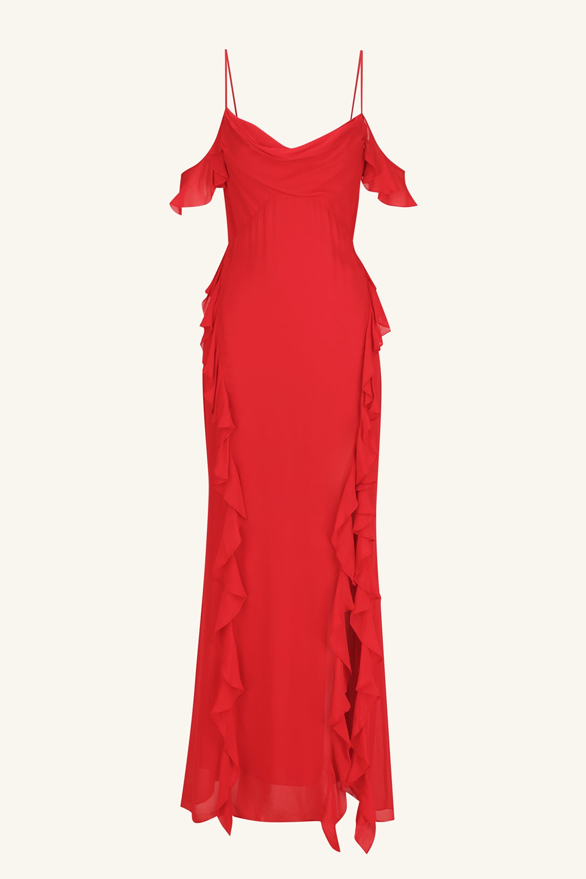 Amina Ruffle Cowl Maxi Dress - Elegant Long Flowy Chiffon Dress for Women, Perfect for Weddings, Parties & Evening Events