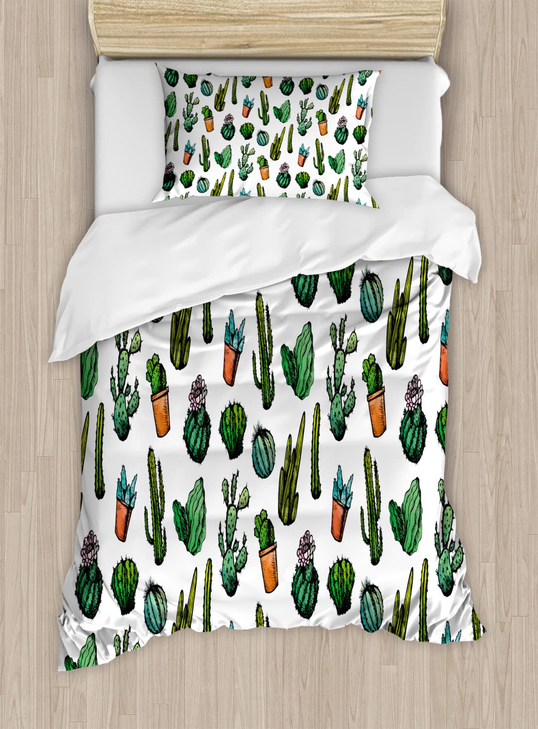Ambesonne Cactus Duvet Cover Set - Queen Size 2-Pack with 2 Duvet Covers & 4 Pillowcases | Hand-Drawn Boho Cactus Design in Pots, Mexican Garden Foliage Line Art | Perfect for Bedroom Decor, Boho Chic Home Styling & Gift Ideas