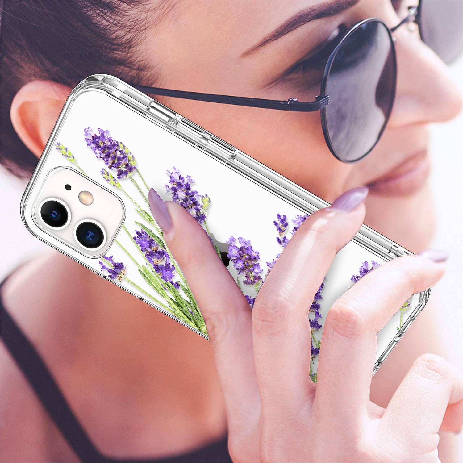 GiiKa Clear Floral Shockproof Hard Case with TPU Bumper & Screen Protector for iPhone 12/12 Pro - Purple Flowers Design | Protective Phone Cover for Women & Girls | Perfect for Everyday Use, Work, and Travel
