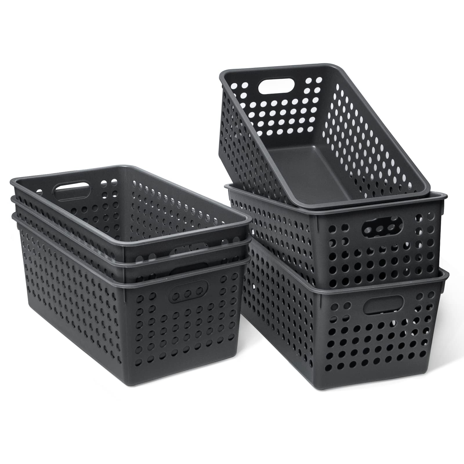 6-Pack Plastic Storage Baskets - Small Woven Organizer Bins for Pantry, Shelves, Bathroom, Bedroom & Kitchen | Space-Saving Home Organization Solution for Clutter-Free Living