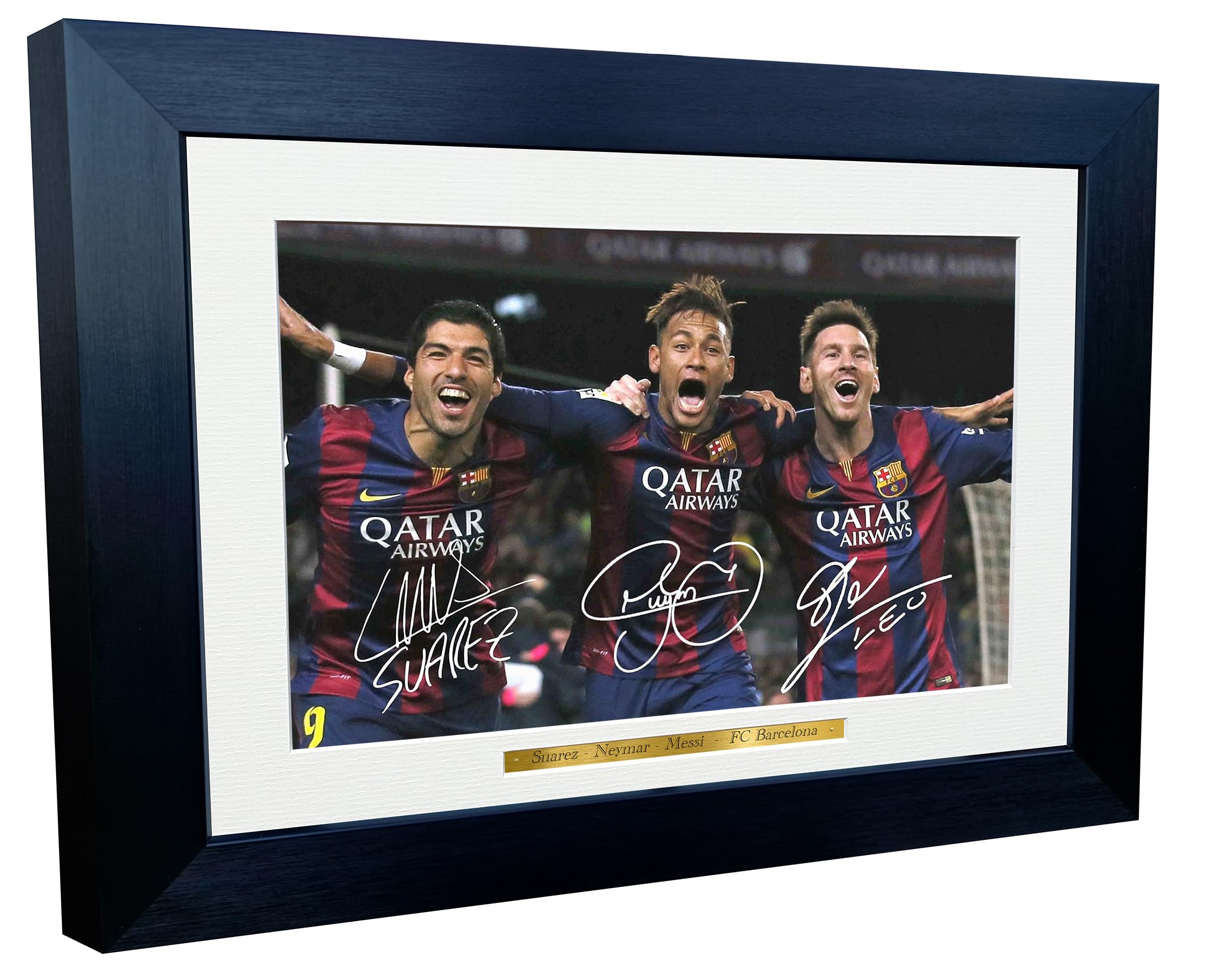 Authentic Signed Lionel Messi Neymar Jr Suarez Barcelona FC Soccer Photo - Framed Collectible Memorabilia - Perfect Gift for Soccer Fans & Sports Collectors - Ideal for Man Cave, Sports Bar Decor or Football Fan's Home Display