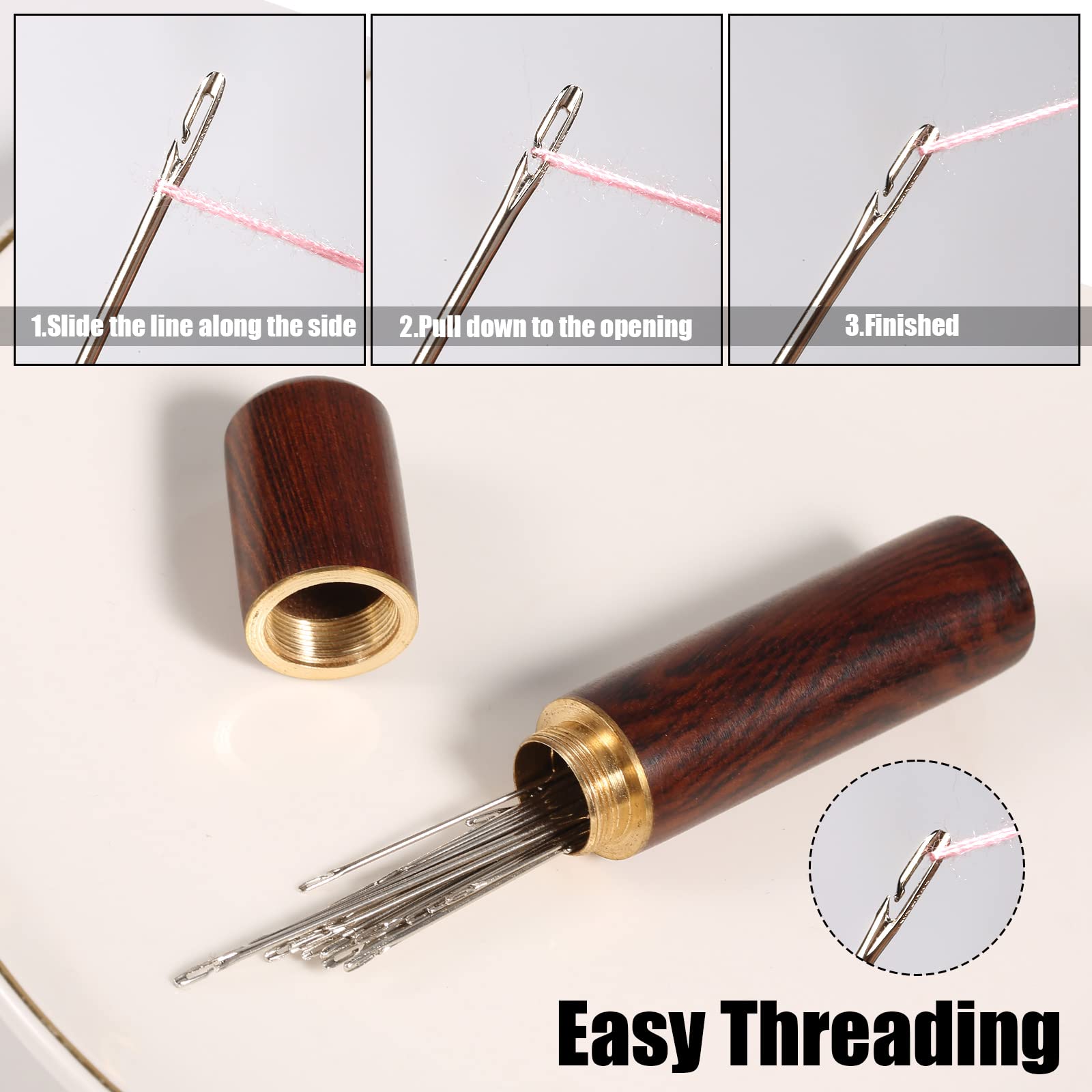 SAVITA 25pcs Self Threading Needles - Stainless Steel Easy Thread Sewing Needles Set with Large Eye & Wooden Case (5 Sizes) - Perfect for Hand Embroidery, Quilting, Cross Stitch & DIY Sewing Projects (D15341)
