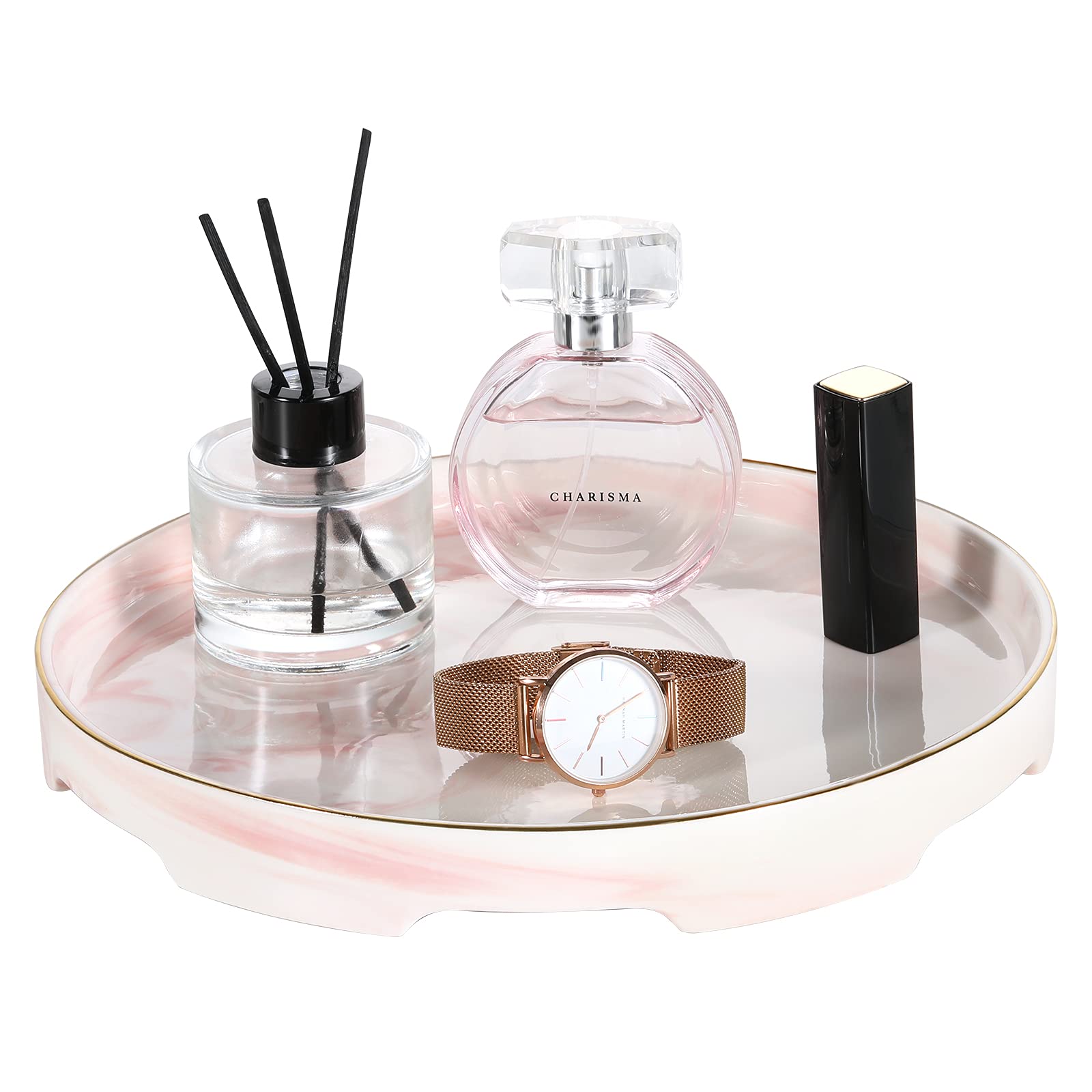 Emibele Round Decorative Ceramic Tray - Vanity Organizer for Jewelry, Perfume & Cosmetics | Bathroom & Dresser Storage | Home Decor for Candles & Accessories (Pink) - Perfect for Bedroom Vanity, Bathroom Counter & Gift Giving