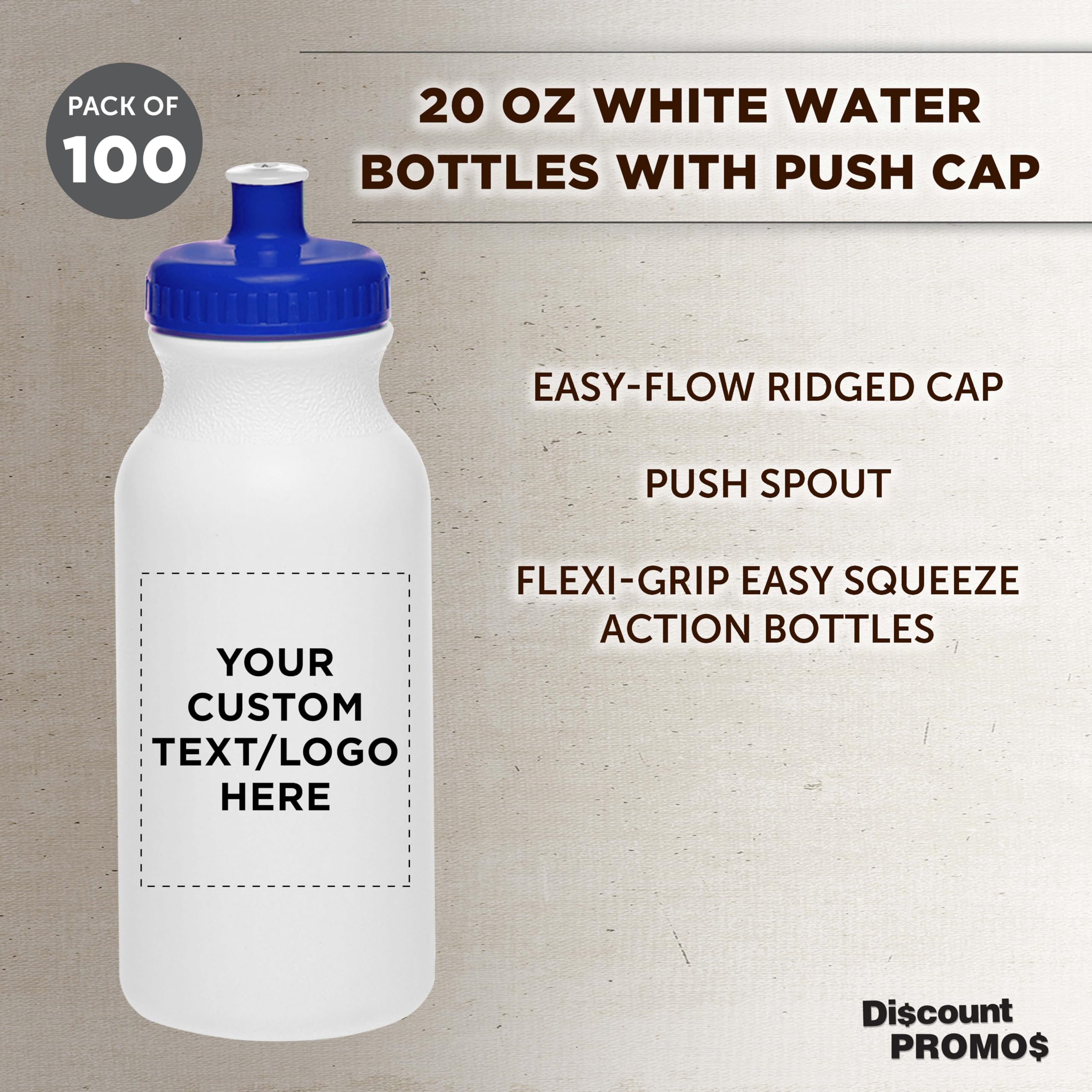 Custom White Water Bottles with Push Cap - 100 Pack, Personalized Text & Logo, 20 oz BPA-Free Reusable Squeeze Bottles in Bulk (White/Blue) - Perfect for Promotions, Events, Gifts & Corporate Branding