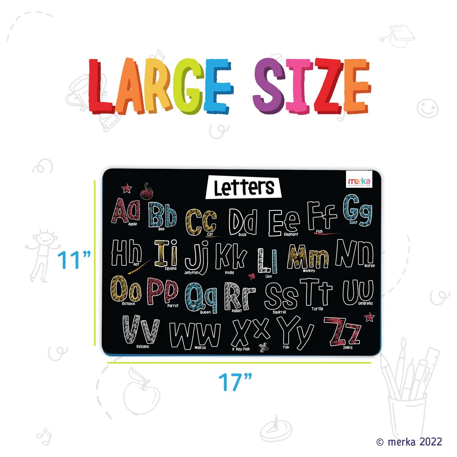 merka Kids Reusable Coloring Placemats Set of 4 - Space Theme with Astronauts, Spaceships & Alphabet - Includes 4 Colored Chalks | Perfect for Dining, Learning & Creative Play