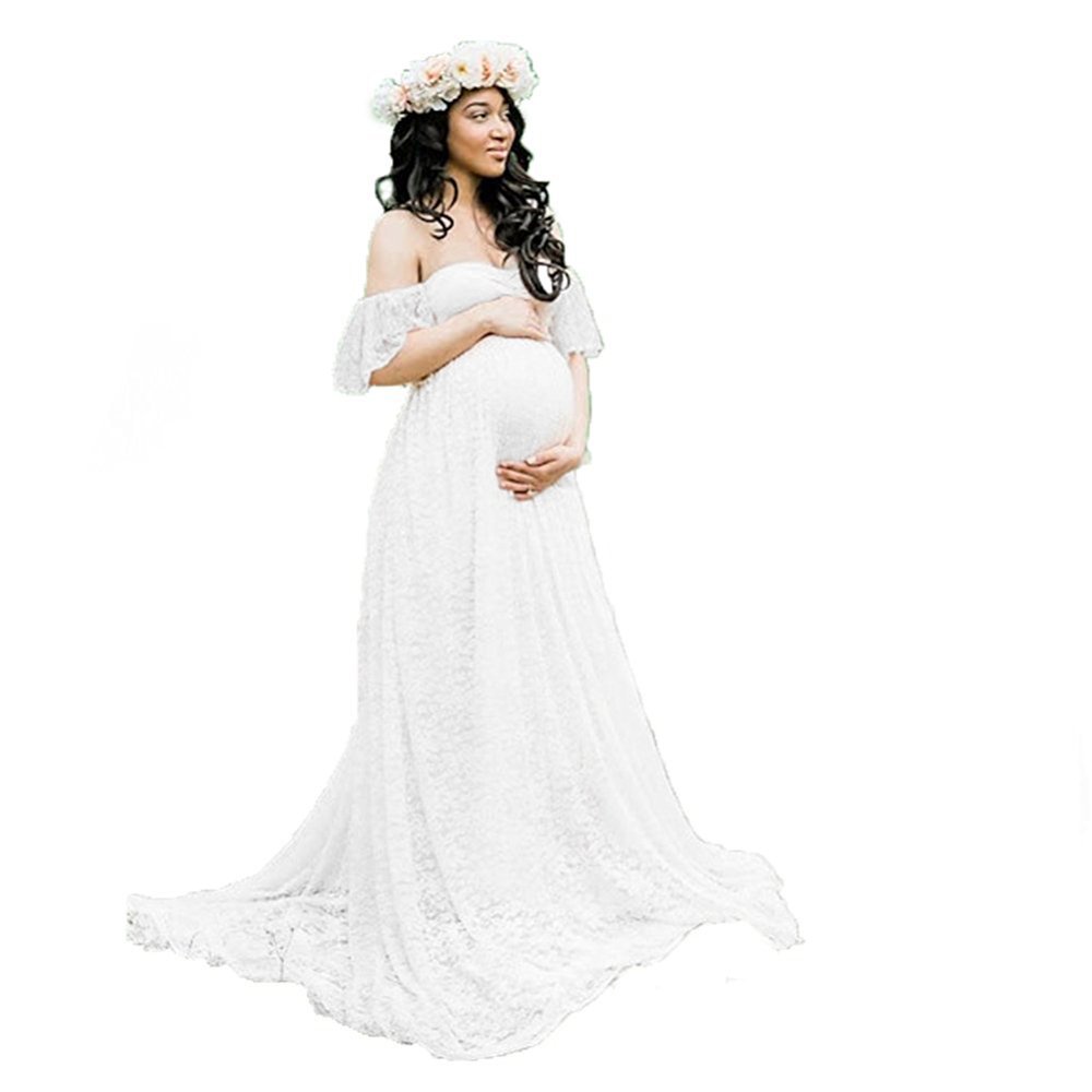 **Elegant Maternity Off-Shoulder Ruffle Sleeve Lace Maxi Dress for Women – Perfect for Photoshoots, Baby Showers & Special Occasions**