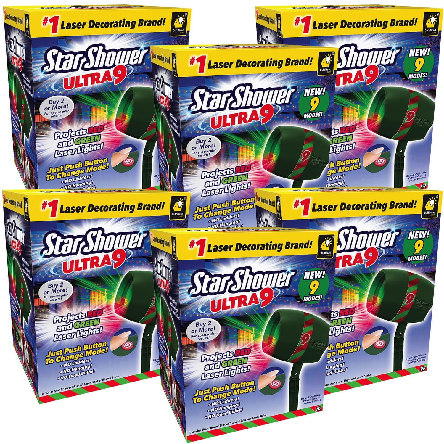 AS-SEEN-ON-TV Outdoor Laser Lights - 9 Enhanced Modes, 3200 Sq Ft Coverage, 6-Pack for Holiday & Christmas Decorations - Perfect for Houses, Lawns, Trees and Party Lighting