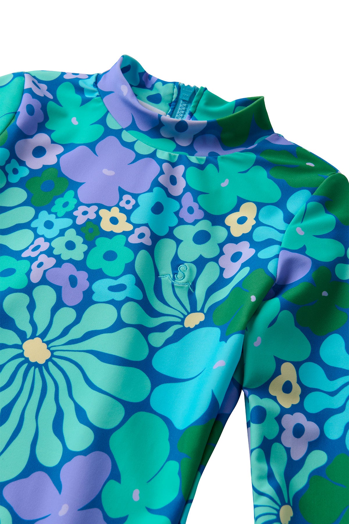 Women's Long Sleeve Surf Swimsuit - UPF 50+ Sun Protection Rash Guard Swimwear for Surfing, Swimming & Beach Activities | Aqua Blue Floral Print