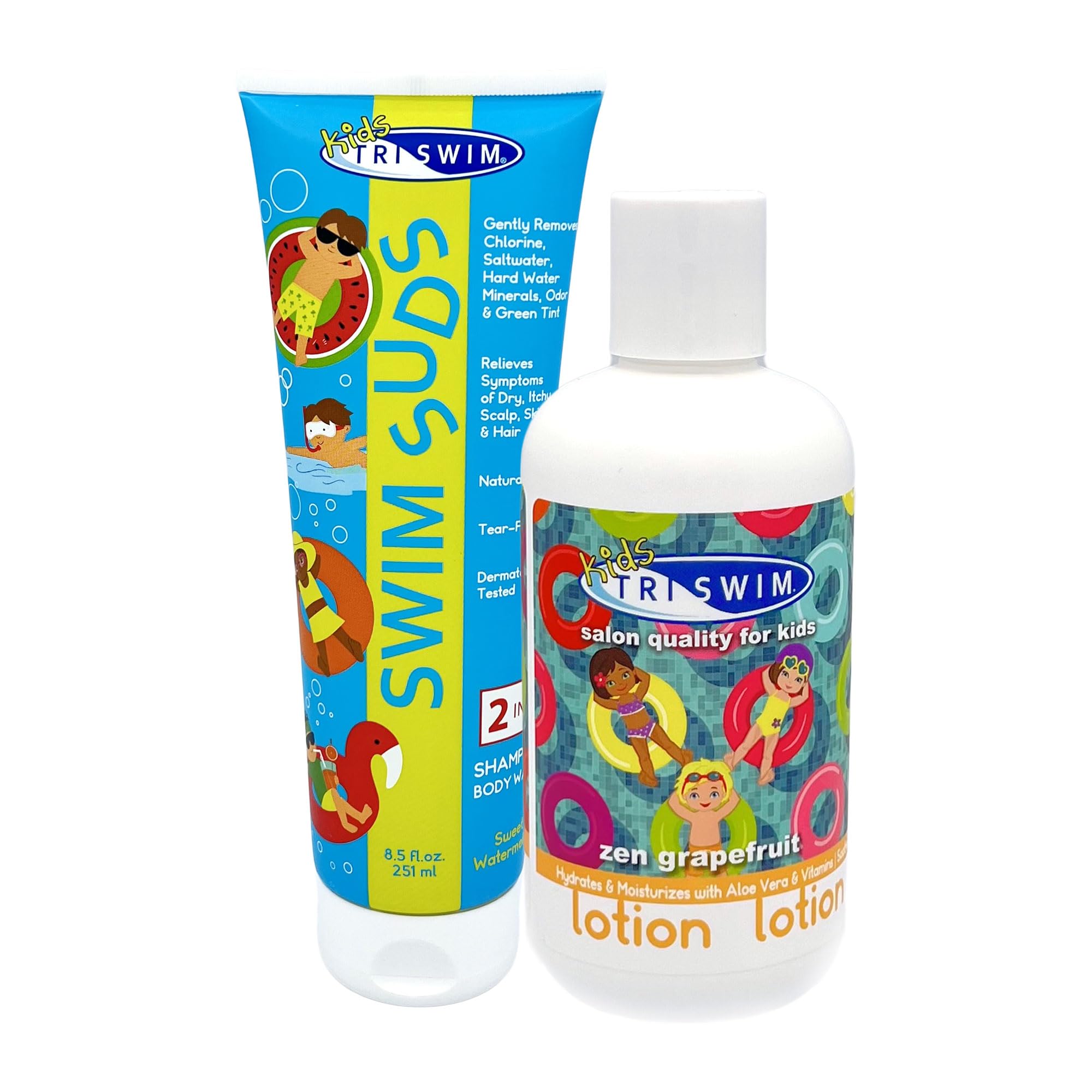 TRISWIM Kids Swim Shampoo & Lotion Set - 8.5 fl oz Tear-Free 2-in-1 Chlorine Removal Body Wash & Hydrating Moisturizer | Gentle Post-Swim Care for Kids | Pool, Beach & Swim Team Use
