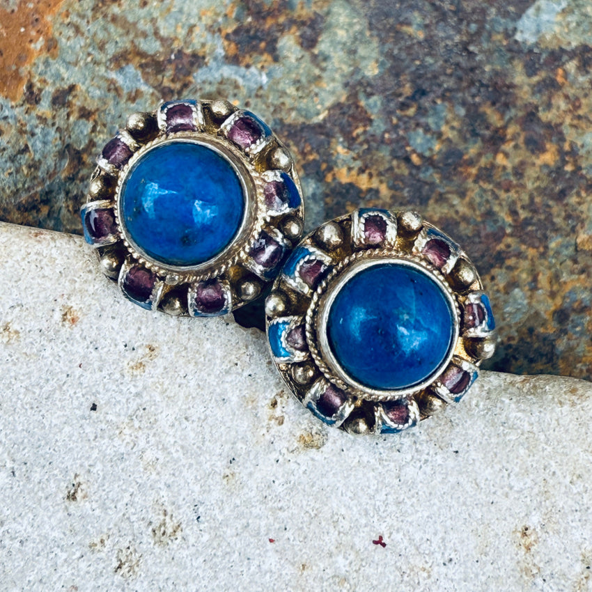 Vintage Gold Over Sterling Silver Lapis Stud Pierced Post Earrings - Cloisonné Enamel Jewelry for Women, Gift for Her, Birthday, Anniversary, Wedding, Party, Everyday Wear