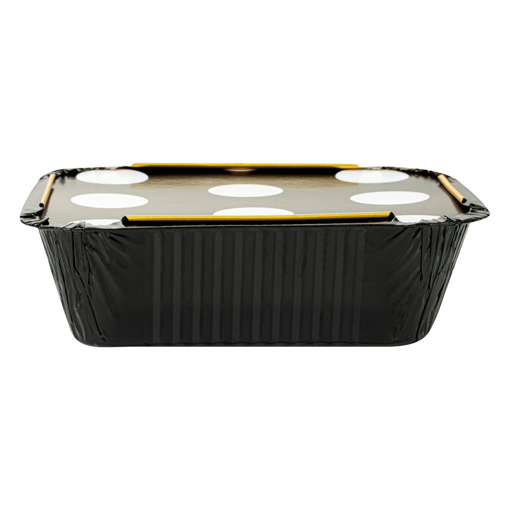 Premium 12 oz Black & Gold Aluminum Takeout Containers with Polka Dot Paper Lids - 5.75